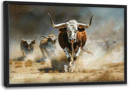 Highland Cow Large Wall Art Western Running Longhorn Pictures Rustic Wild Animal Wall Decor Canvas Print Painting Artwork for Bathroom Living Room Bedroom 36L" x 24W"