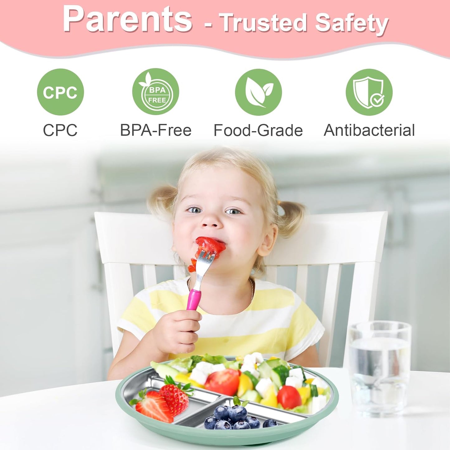 Bella's Friends Stainless Steel Baby Plates with Suction 3 Pack, 9” Divided Toddler Plates with Removable Silicone Sleeves for Mess-Free Feeding, Non-Toxic, Non-Slip, Dishwasher Safe, Green,Blue,Gray