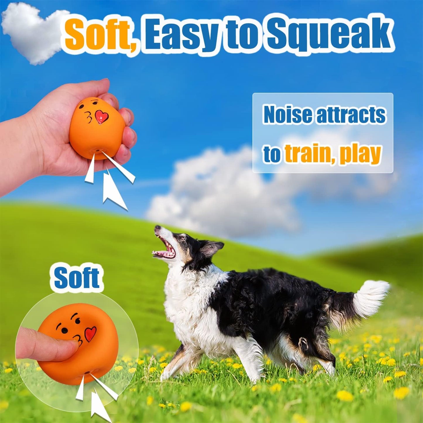 Squeaky Dog Toys for Medium Dogs, Soft Latex Squeaky Dog Balls, Smile Dog Toys 6pcs Round Balls for Small, Medium Breeds