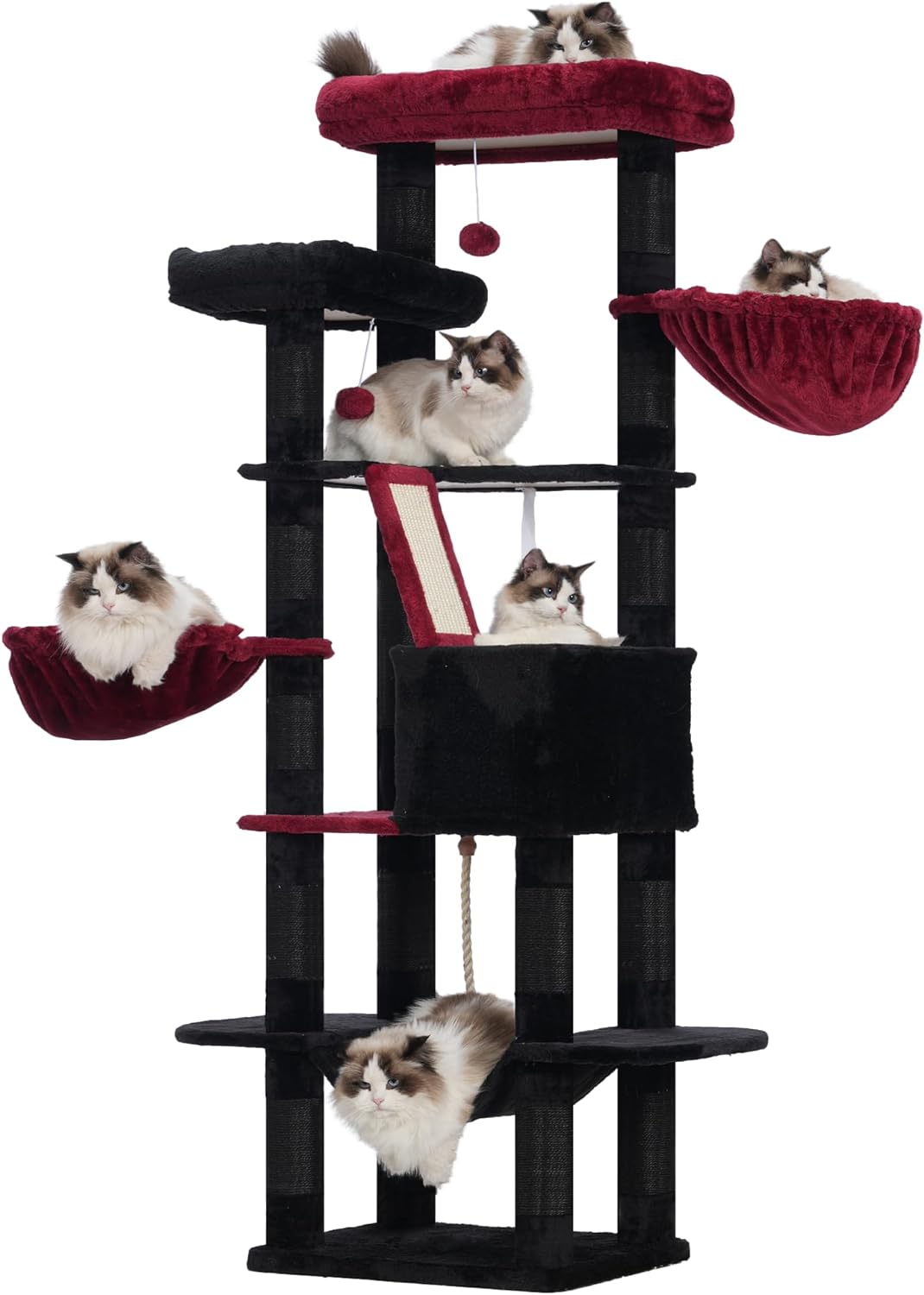 Heybly Cat Tree, 68 inch Multi-Level Cat Tower for Indoor Cats, 2 Widened Plush Perches Cat Condo with Scratching Board and Big Caves, Black and Red HCT025BR