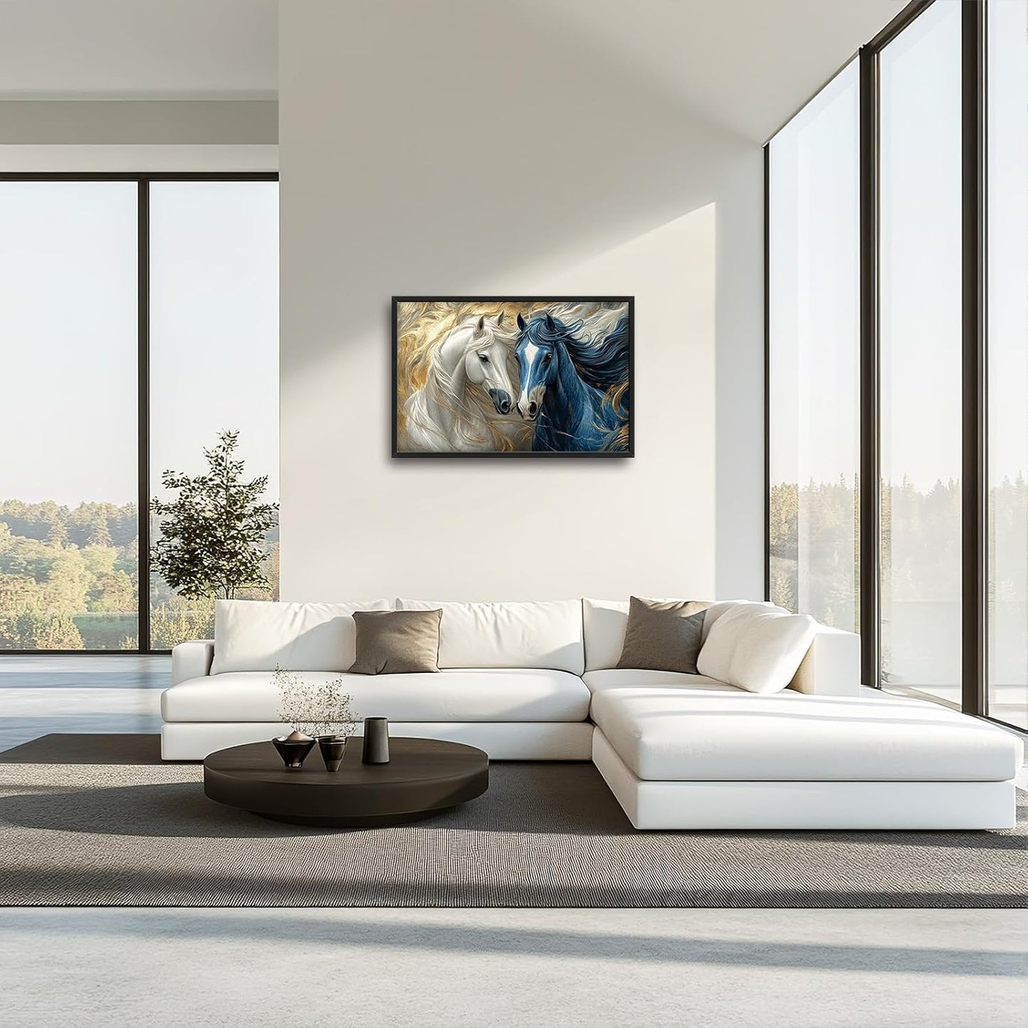 Framed Large Horse Wall Art for Living Room, Oversized Abstract Horses Wall Decor Blue and Golden Canvas Painting Animal Pictures Modern Artwork for Living Room Bedroom Office 36"x24"