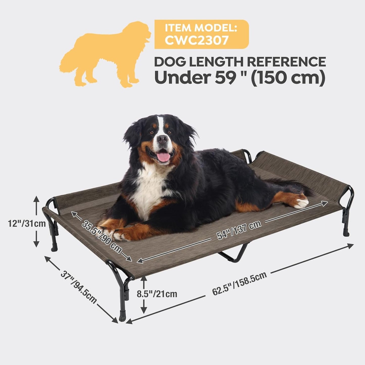Veehoo Cooling Elevated Dog Bed, Guardrail Raised Pet Cot, Indoor & Outdoor XXL Pet Bed with Washable & Breathable Teslin Mesh, Non-Slip Feet, Dog Couch Bed, 62.5" x 37", Brown