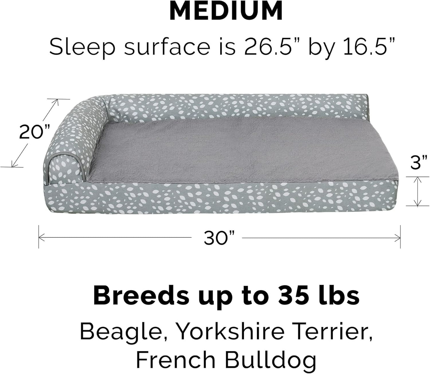 FurHaven Supportive Cooling Memory Foam L Chaise Dog Bed with Washable & Removable Cover - Plush & Almond Print - Gray Almonds, Dogs Up to 35 lbs - Medium