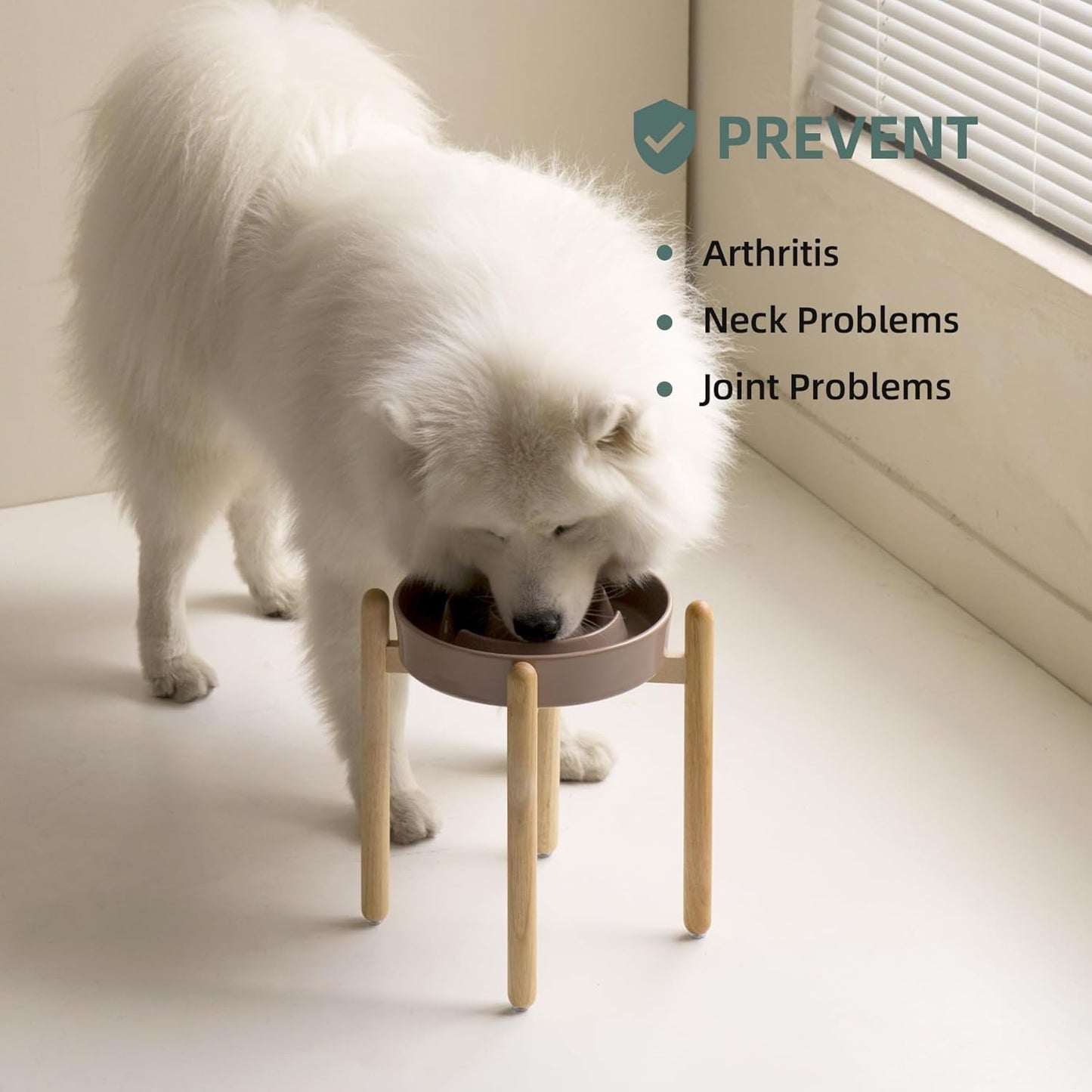 9.5inch Ceramic Raised Slow Feeder Dog Bowl Set, Elevated Bowl with Wooden Stand for Large Dog, Puzzle Slow Pet Food Dish, Preventing Choking(Brown Coffee, Single Bowl+ Stand)