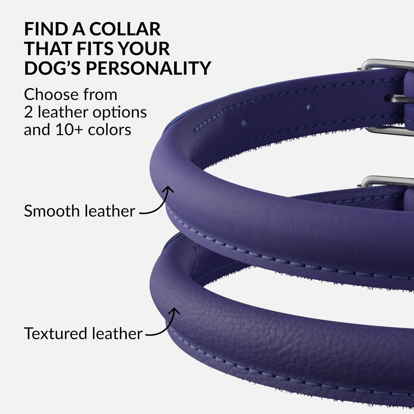 CollarDirect Rolled Leather Dog Collar, Soft Padded Round Puppy Collar, Handmade Genuine Leather Collar Dog Small Large Cat Collars 13 Colors (13-16 Inch, Purple Smooth)