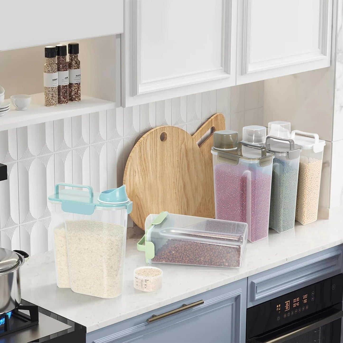 5-7Lbs Airtight Cat Dog Food Storage Container Portable with Upgraded Large Spout and Cup, Plastic Pet Dispenser for Small Animal Kibble, Bird Seed, Oatmeal, Rice, Flour, Brown Sugart-Sky Blue