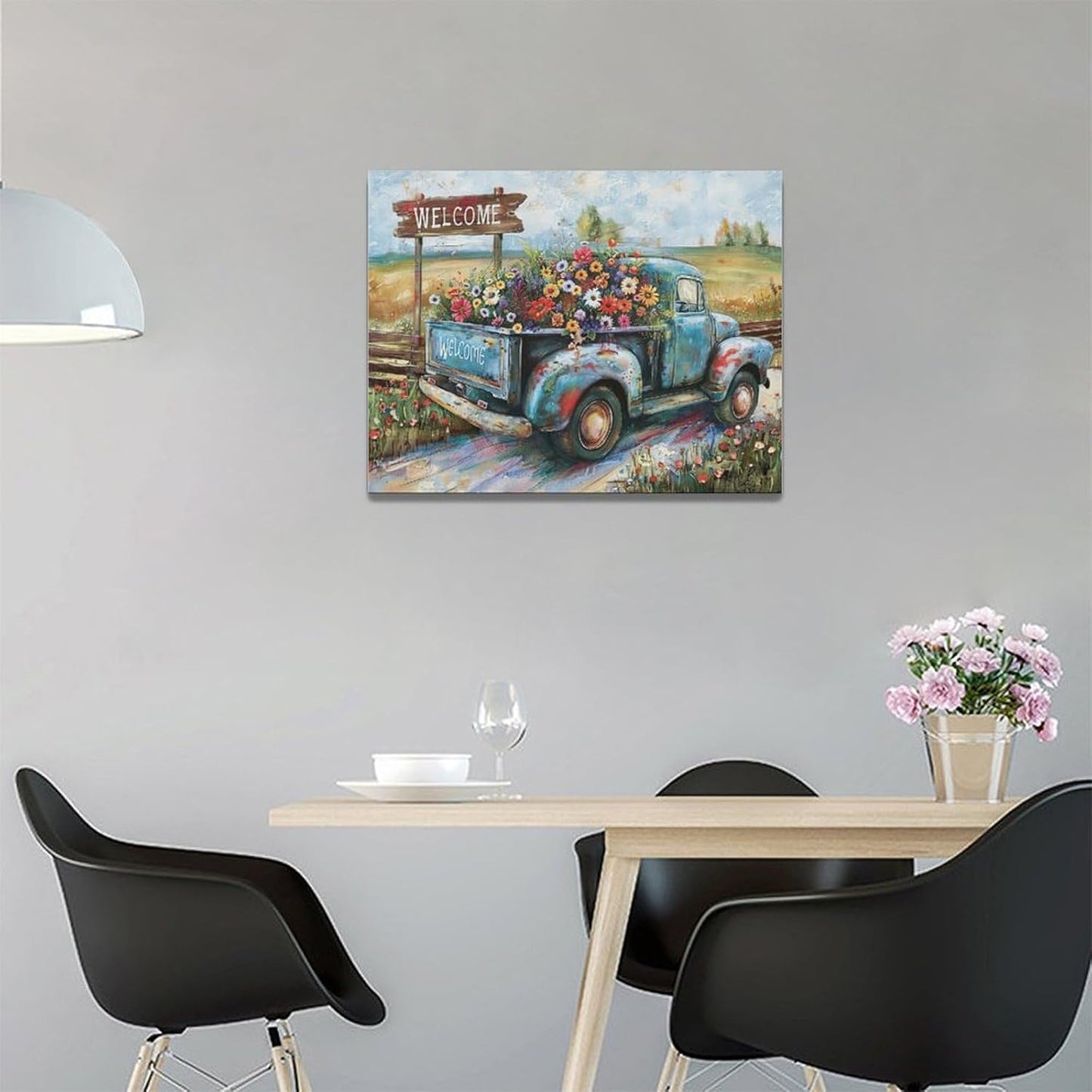 Farmhouse Truck Wall Art Rustic Country Wildflowers Wall Decor Road Flowers Landscape Pictures Canvas Print Painting Artwork for Bathroom Living Room Bedroom 12"x16"
