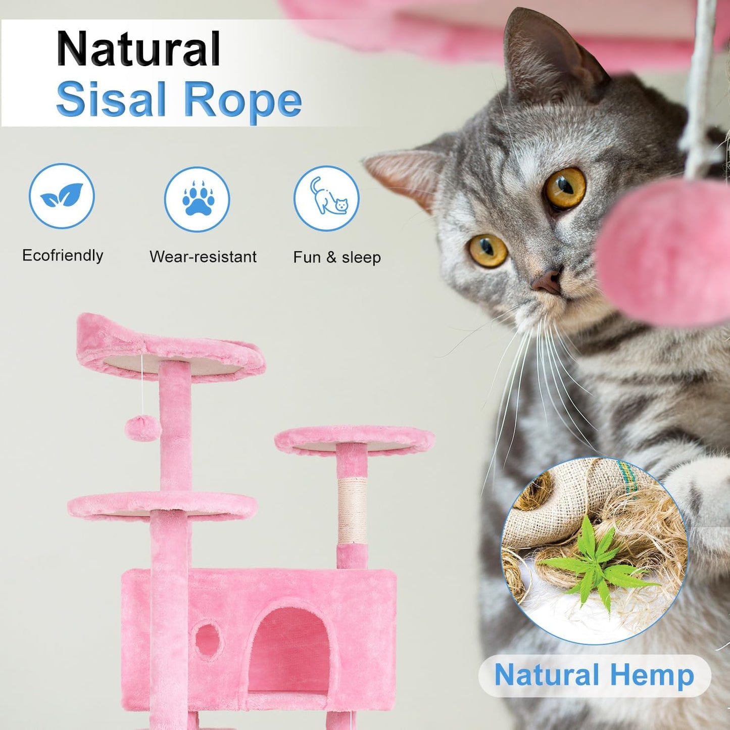 FDW Cat Tree 54in Cat Tower Multi-Level Durable Cat Scratching Post & Cozy Fun Cat Jumping Platform Space Saving Cat Condo Pet Play House for Indoor Cats,Pink