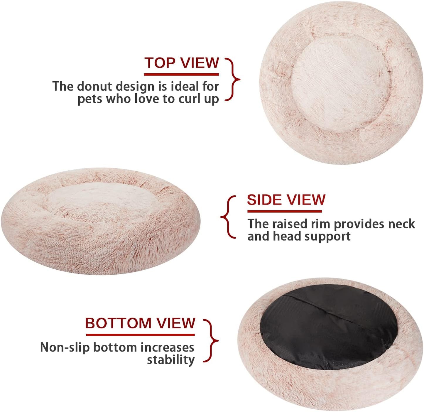 Bedfolks Calming Donut Dog Bed, 30 Inches Round Fluffy Dog Beds for Medium Dogs, Anti-Anxiety Plush Dog Bed, Machine Washable Pet Bed (Pink, Medium)