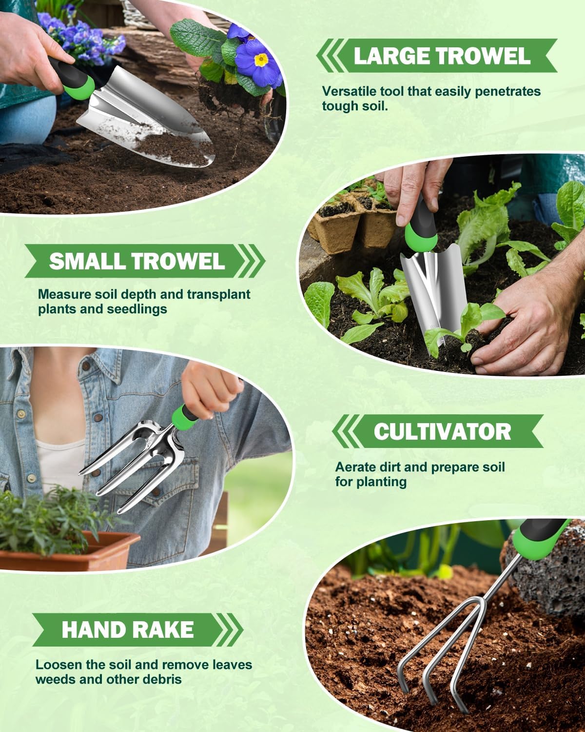 Garden Tools Set, 8 in 1 Heavy Duty Garden Tools Kit, Stainless Steel Ergonomic Gardening Hand Tool with Upgraded Bag, Gardening Supplies Gift for Women, Kid, Organizer