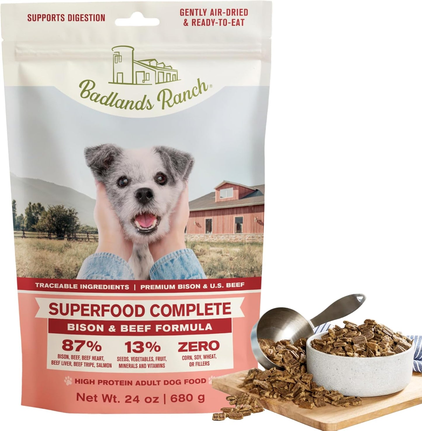 BADLANDS RANCH - Superfood Complete, Air-Dried Adult Dog Food - High Protein, Zero Fillers, Superfood Nutrition by Katherine Heigl (24 oz, Beef & Bison Formula)