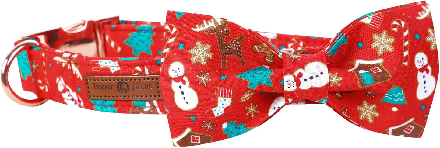 Lionet Paws Christmas Dog Collar with Bowtie, Dog Bowtie Collar with Metal Buckle for Dogs and Cats, Adjustable Comfortable Dog Collar Girl Boy Gift, S, Neck 10-16 in