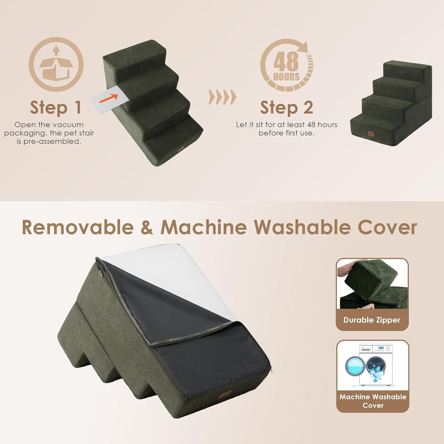 EHEYCIGA Dog Stairs for Bed 18" H, 4-Step Dog Steps for High Bed, Pet Steps for Small Dogs and Cats, Non-Slip Balanced Pet Ramp Indoor, Olive Green