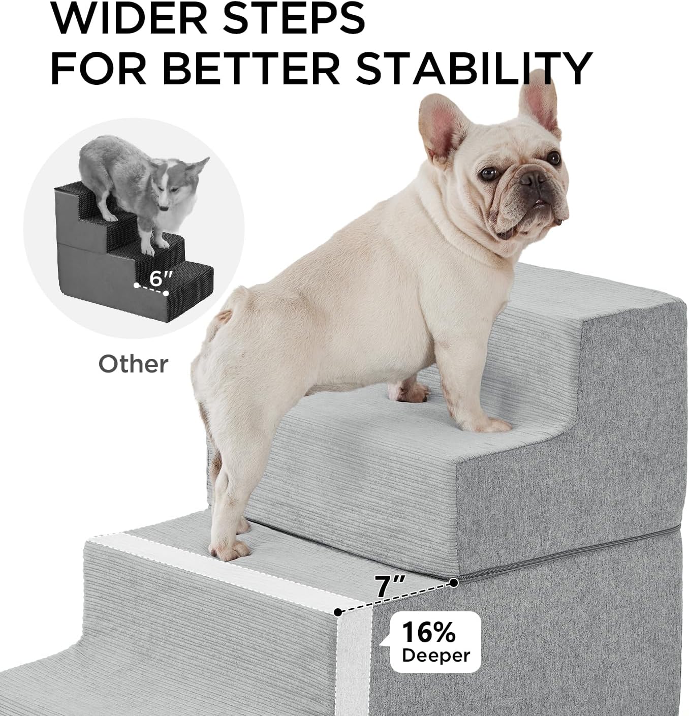 Made4Pets Dog Stairs for High Bed, Extra Wide Pet Stairs for Bed Couch Sofa, 35D Foam Pet Steps for Small Dogs and Cats, Non-Slip Bottom Dog Steps, Light Grey, 5 Steps