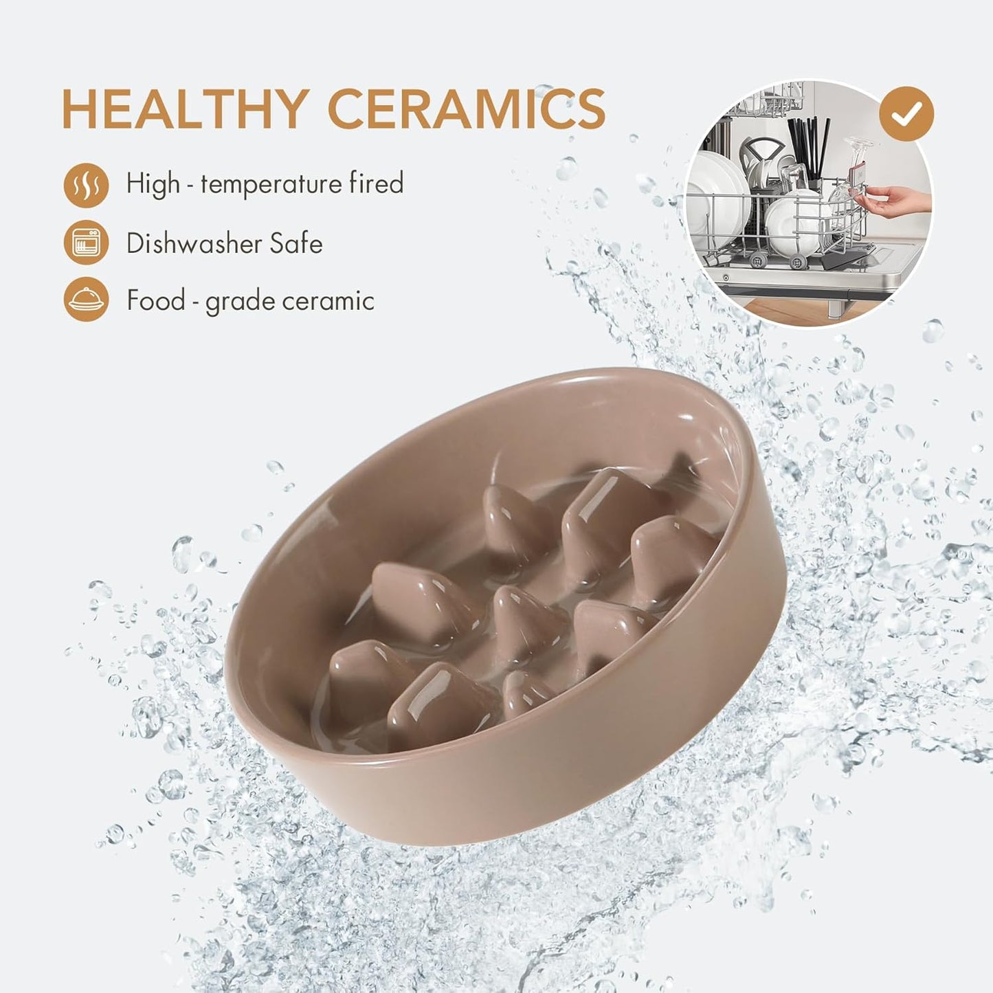 6.1inch Ceramic Dog Raised Slow Feeder Set, Elevated Bowl with Wooden Stand for Small Dog, Pet Slow Feeder Dish for Fast Easters, Anti-Gulping (Brown Coffee, Single Bowl+ Stand)