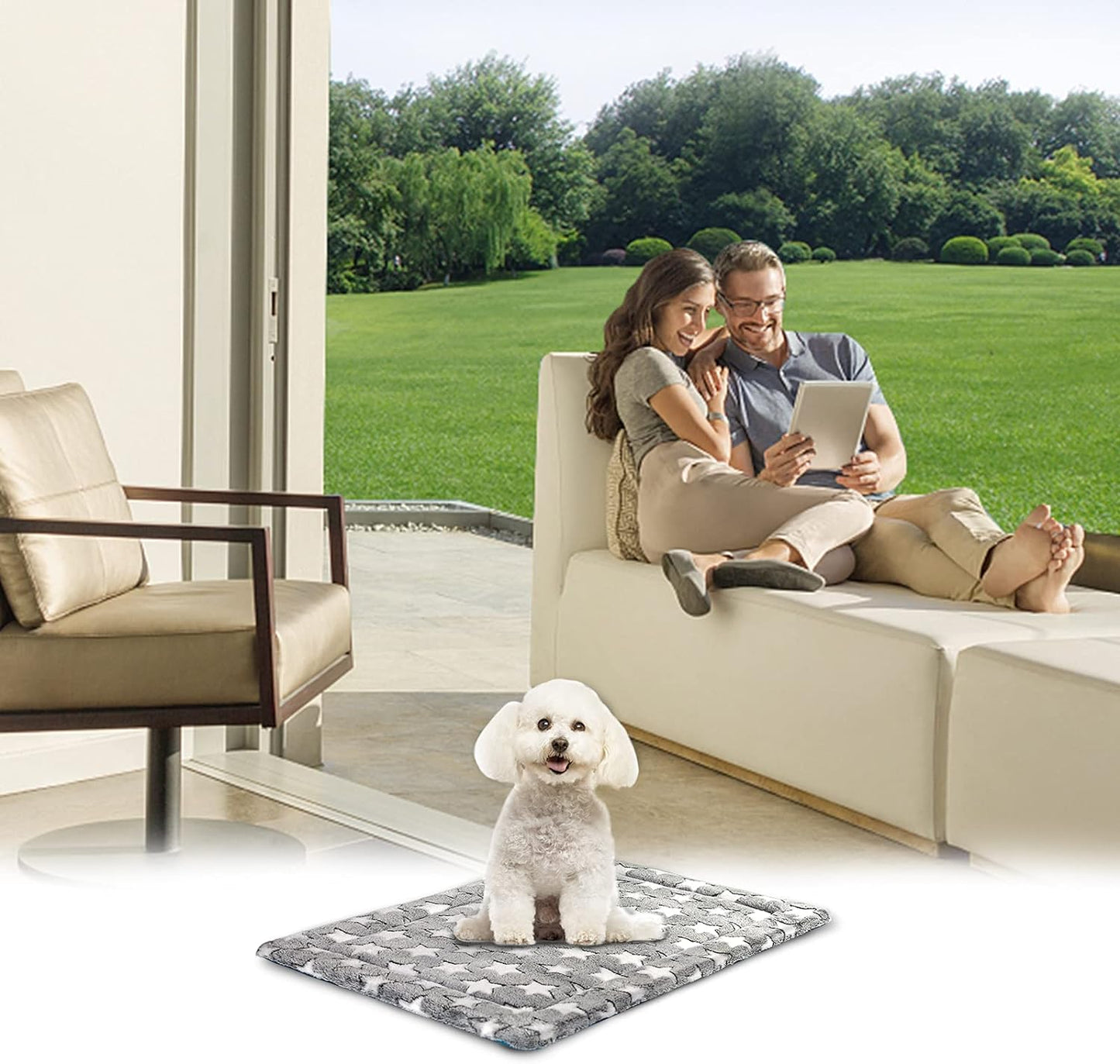 KROSER Fancy Crate Pad Bed Mat Reversible (Cool & Warm), Machine Washable, for Small to XXX-Large Dogs, Grey, Navy, Star Pattern