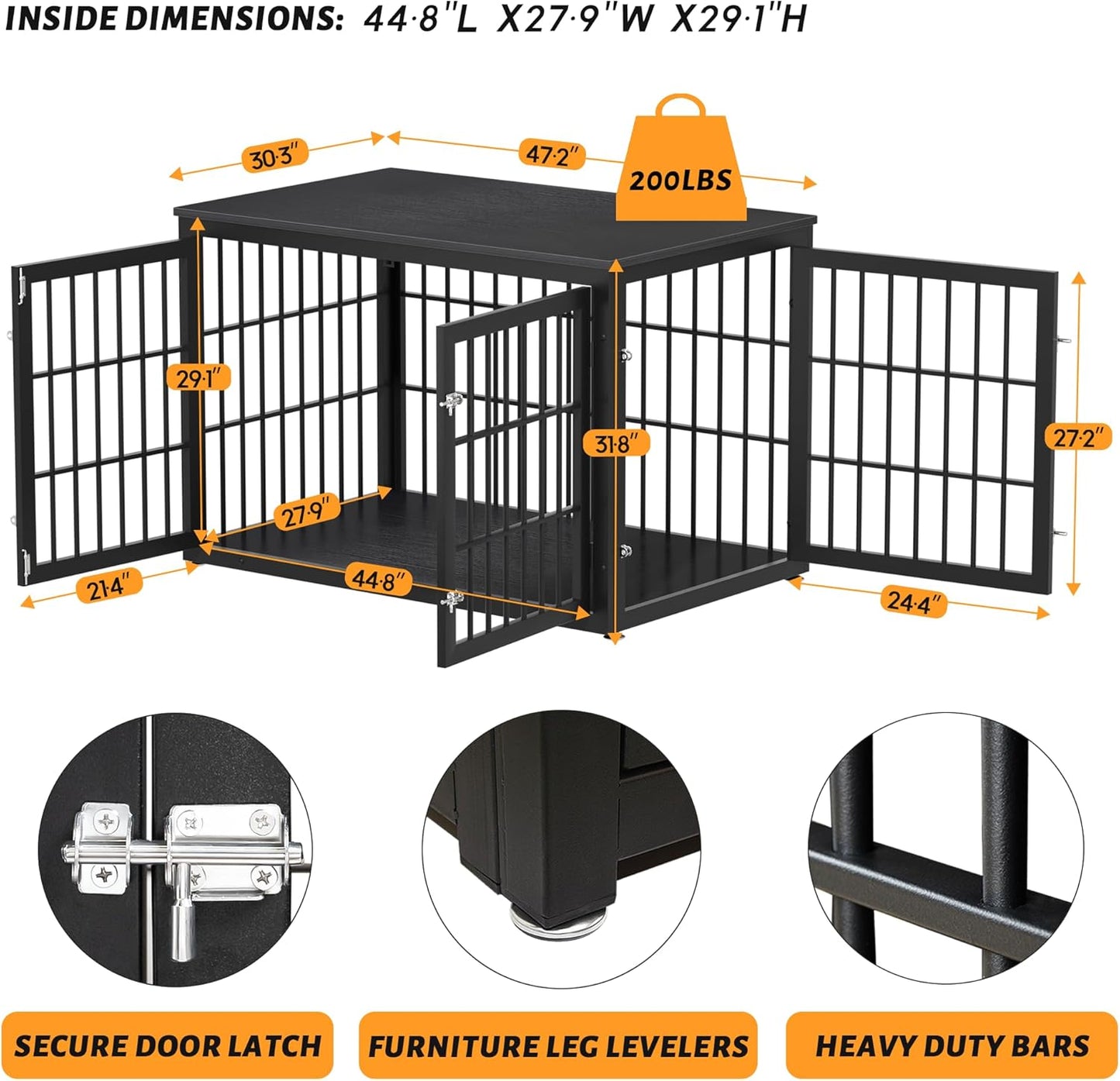 48 Inch Heavy Duty Dog Crate Furniture for Large Dogs, Decorative Pet House End Table, Extra Large Wooden Cage Kennel Furniture Indoor, Black