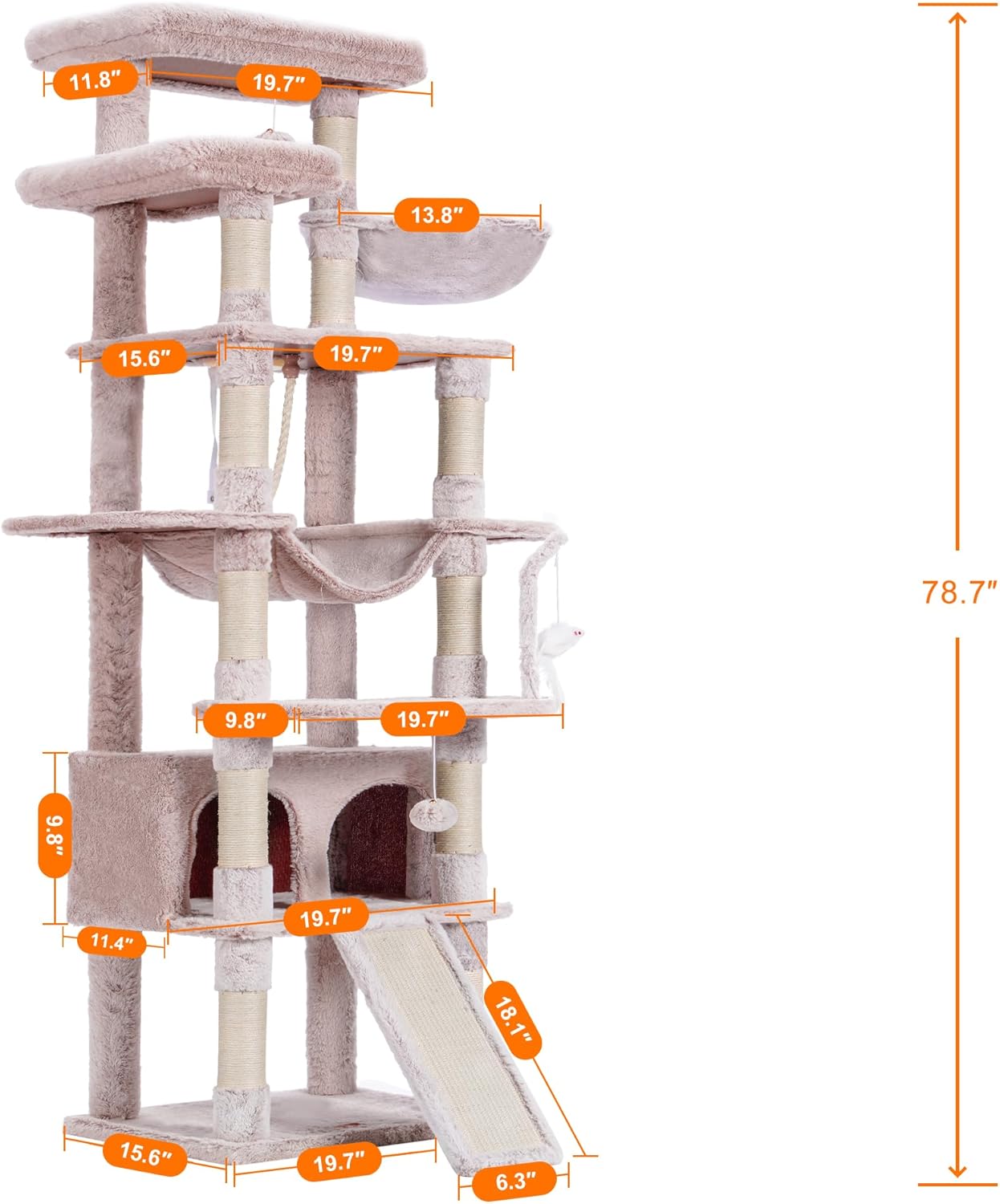Heybly Tall Cat Tree, 78-inch Multi-Level Cat Tower for Indoor Cats, 2 Widened Plush Perches Cat Condo with Scratching Board and Big Caves, Muchroom HCT033MU
