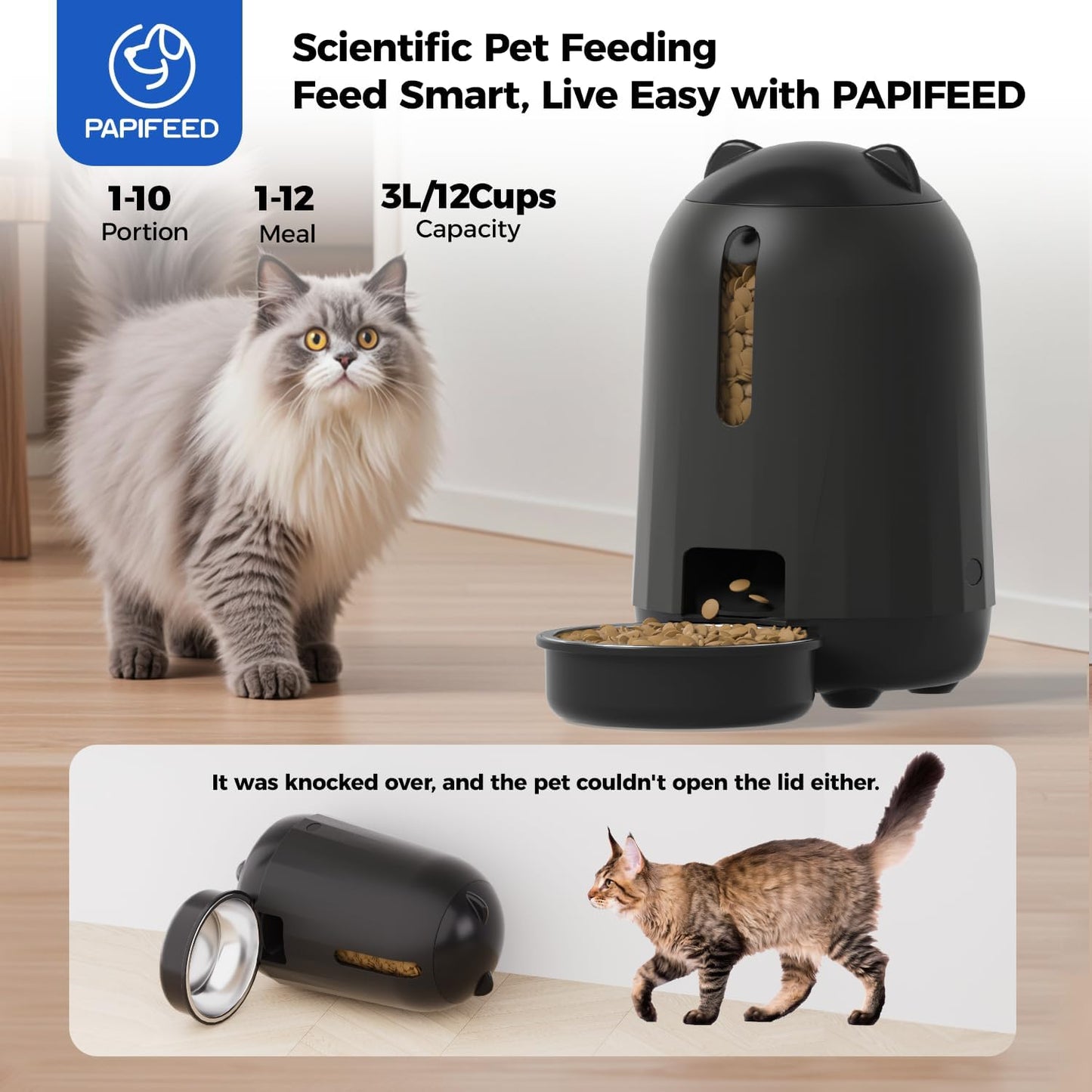 PAPIFEED Automatic Cat Feeder, 3L Timed Cats Food Dispenser with Dual Power Supply, Auto Pet Feeder with Programmable Portion Control for Cats and Small Dogs, Black