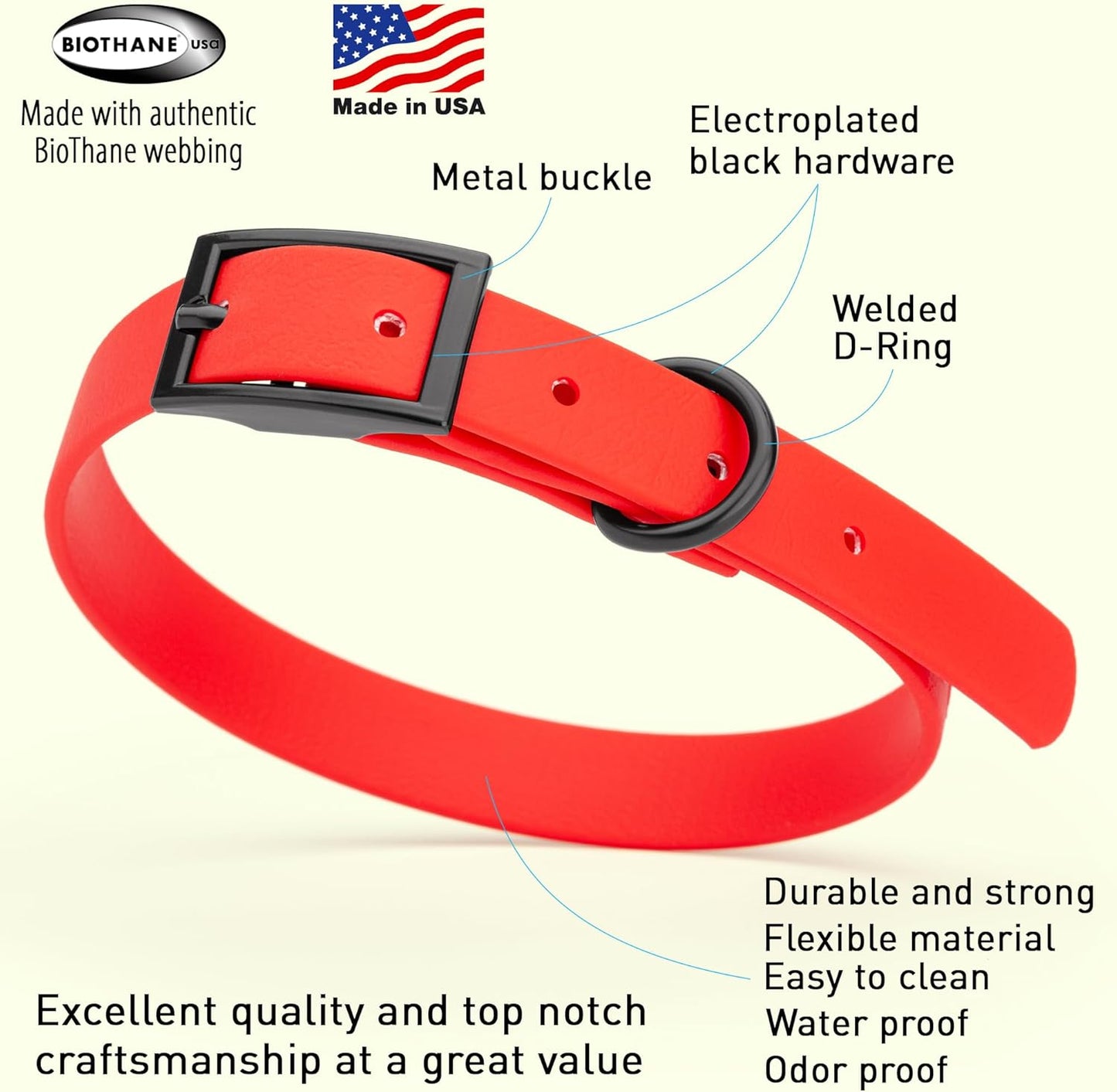Dogline Biothane Waterproof Dog Collar Strong Coated Nylon Webbing with Black Hardware Odor- Proof for Easy Care Easy to Clean High Performance Fits Small Medium or Large Dogs, Cherry Red