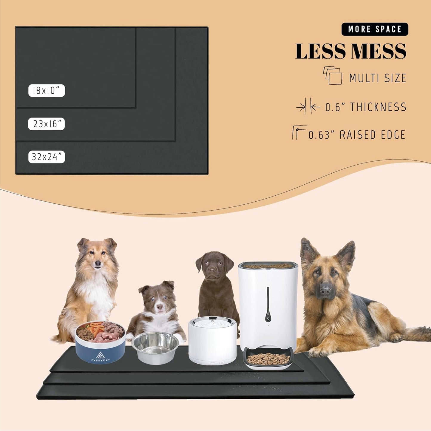 AVERYDAY 18x10'' Silicone Dog Mat for Food and Water, 0.63'' Edge Dog Food Bowl Mats for Floor Waterproof, Dogs Water Mat for Sloppy Drinker, Non Slip Rubber Pet Feeding Mats for Indoor Dogs and Cats