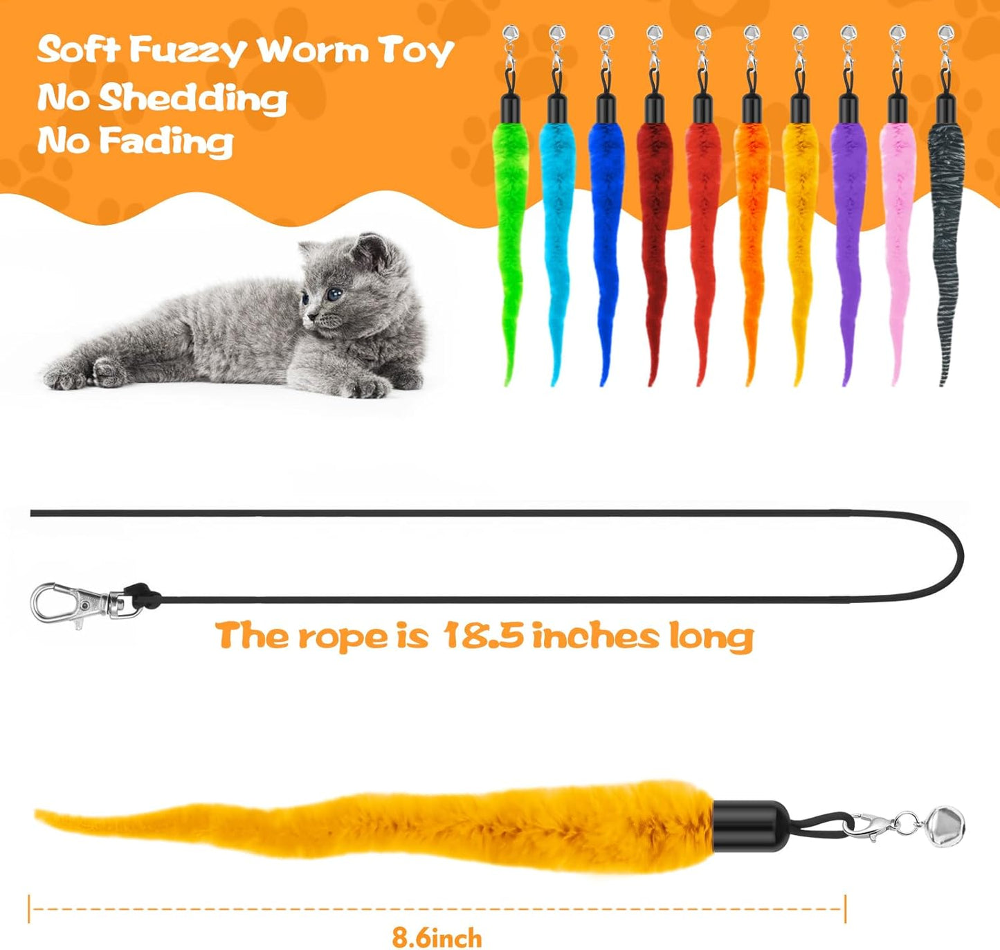 10PCS Cat Worm Toy, Cat Wand Attachment Fuzzy Worm Toys Refill with 1PCS Black String for Wand Replacement, Interactive Cats Kittens Toys for Indoor