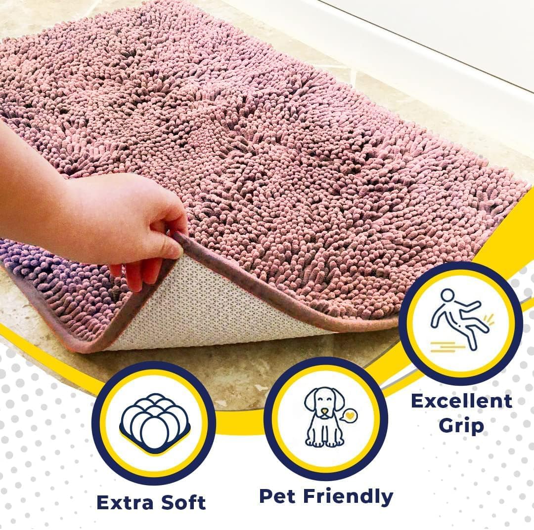 Muddy Mat® AS-SEEN-ON-TV Highly Absorbent Microfiber Door Mat and Pet Rug, Non Slip Thick Washable Area and Bath Mat Soft Chenille for Kitchen Bedroom Indoor and Outdoor - Light Pink 24" x 72"