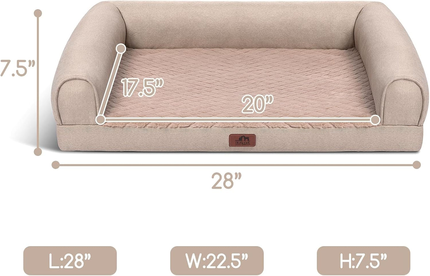 Hollypet Orthopedic Dog Bed for Medium Dogs, Supportive Foam Pet Couch with Removable Washable Cover and Non-Slip Bottom, Waterproof Lining Dog Sofa Bed, Khaki, M (28 * 22.5 * 7.5)