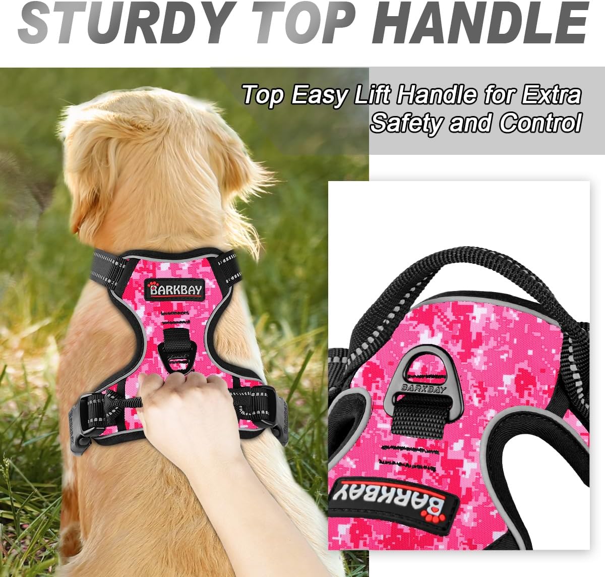 BARKBAY No Pull Dog Harness Front Clip Heavy Duty Reflective Easy Control Handle for Large Dog Walking(Pink camo,M)