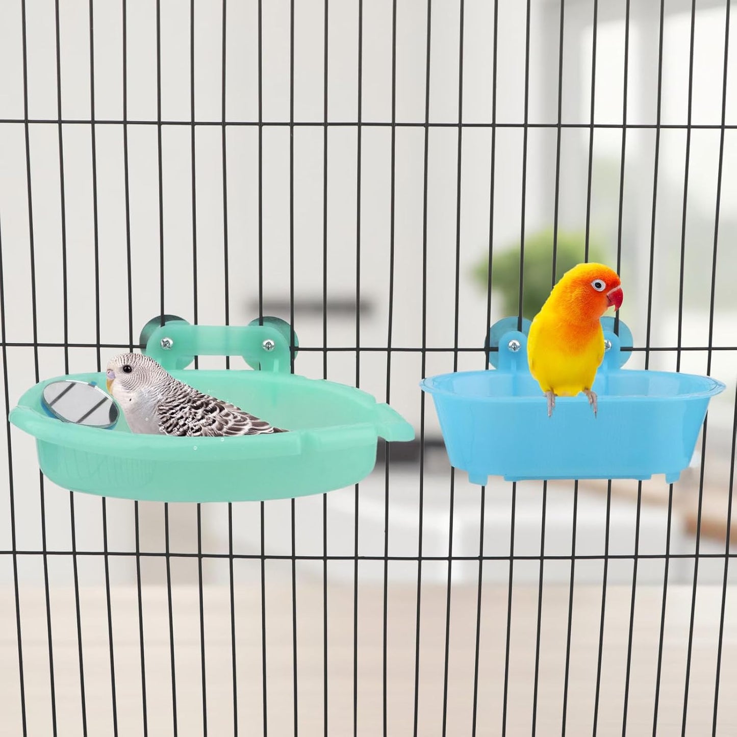 Wontee Bird Bath Box with Mirror Portable Parrot Hanging Bathroom Bathing Tub for Small Birds Cleaning Supplies (Blue(B)+Green)