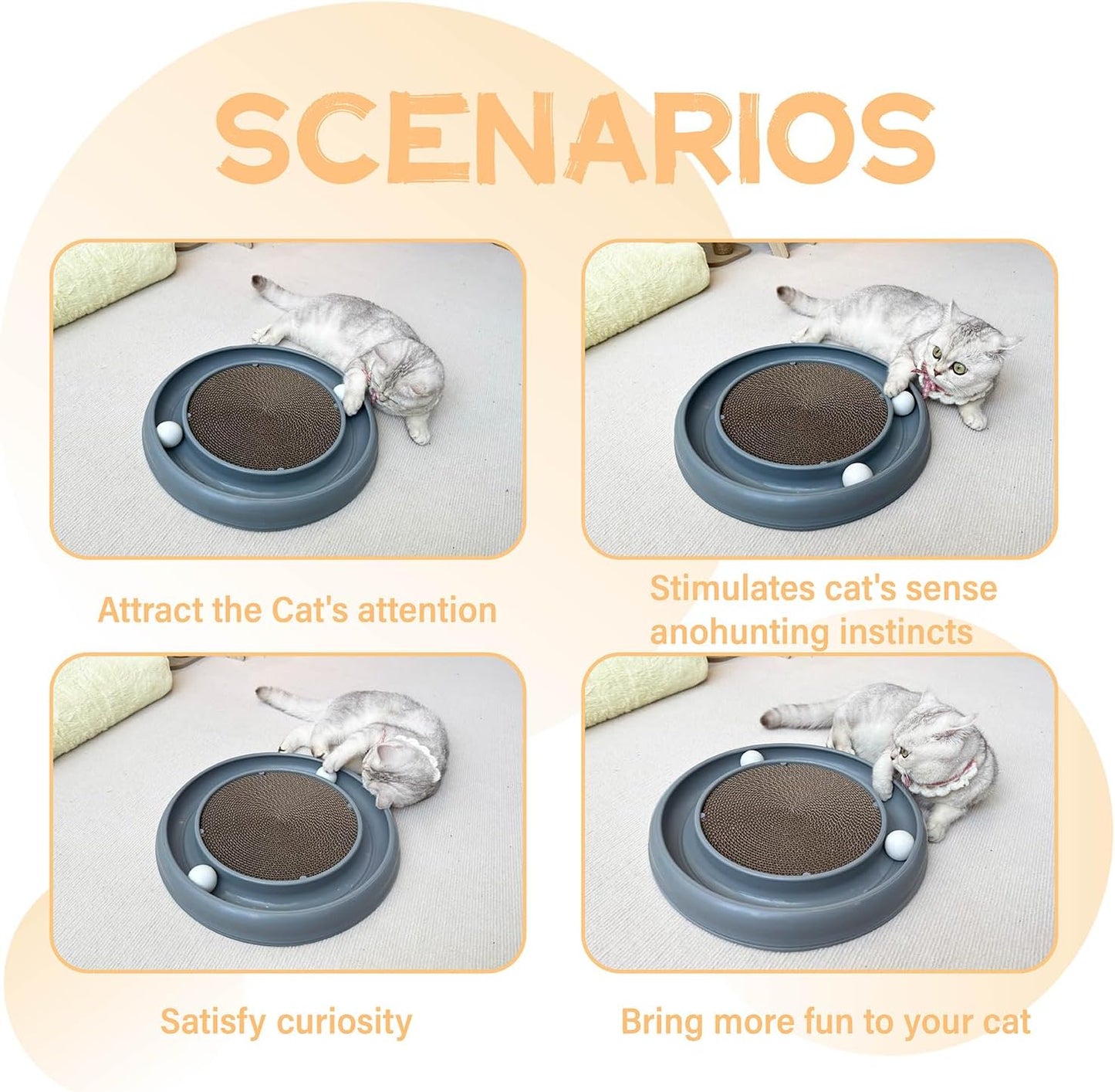 Interactive Cat Ball Track Toy for Indoor Cats, Cat Scratching Board & Exercise Set for Bored Indoor Adult and Kitten Mental & Physical Stimulation, with Spare Ball to Prevent Loss (Grey)