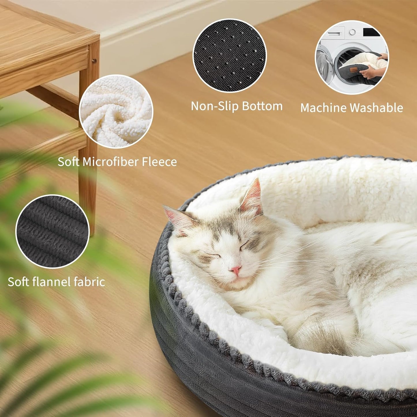 20in Washable Cat Beds for Indoor Cats - Round Donut Pet Bed for Cats, Small Dogs, Puppy, Kitten - Anti-Slip Bottom, Calming Bed Gift - Dark Grey