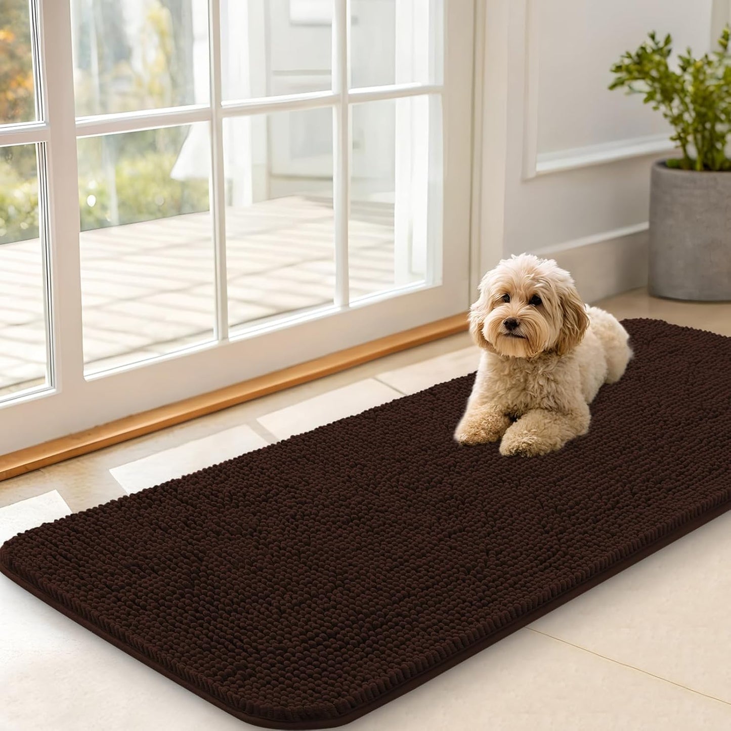 OLANLY Dog Door Mat for Muddy Paws 47x20, Absorbs Moisture and Dirt, Absorbent Non-Slip Washable Doormat, Quick Dry Chenille Mud Mat for Dogs, Entry Indoor Entryway Carpet for Inside Floor, Brown