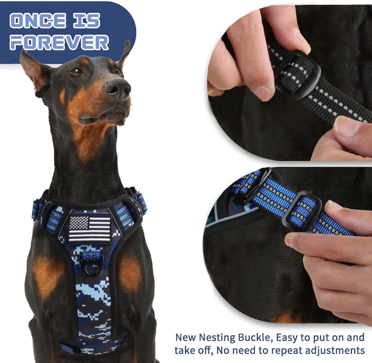BUMBIN Tactical Dog Harness for Small Dogs No Pull, Famous TIK Tok No Pull Puppy Harness, Fit Smart Reflective Pet Walking Harness for Training, Adjustable Dog Vest Harness with Handle Blue Camo XS