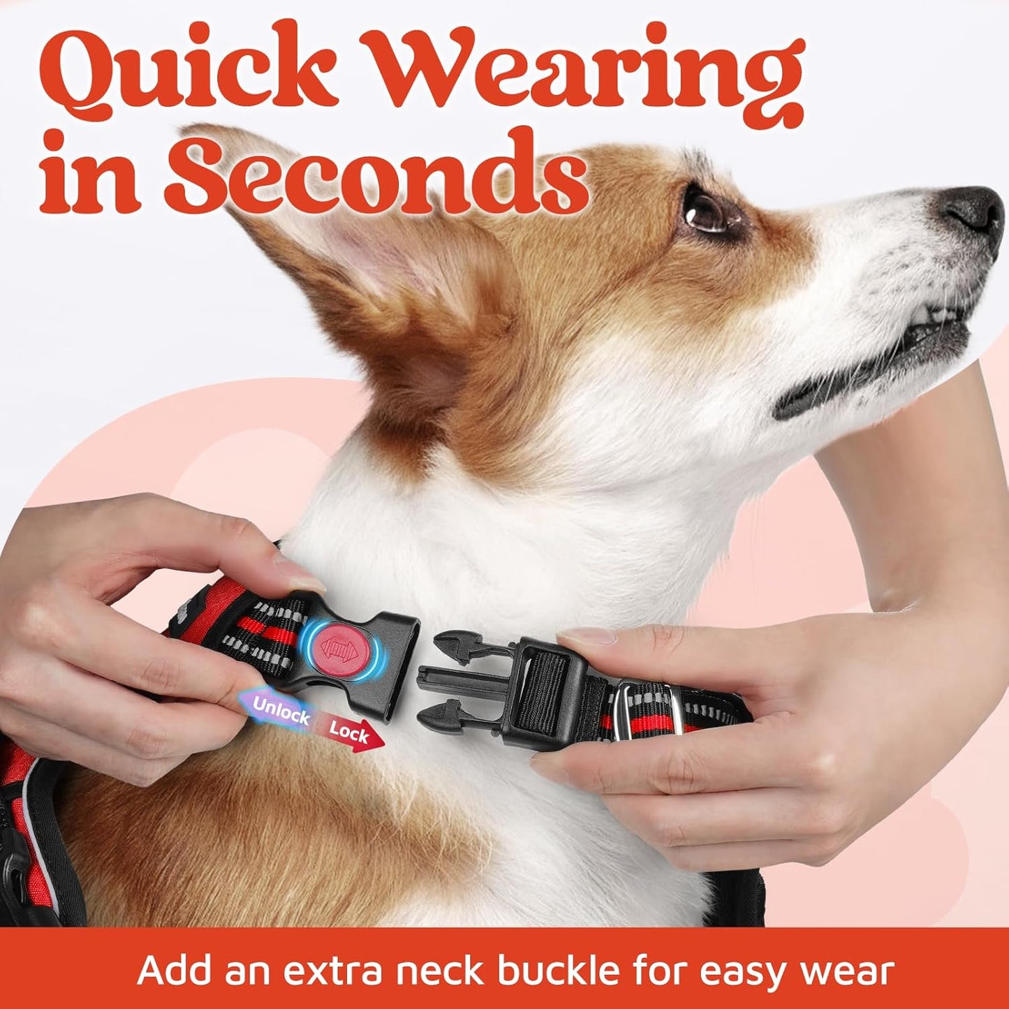 rabbitgoo Dog Harness for Large Dogs, No Pull Pet Vest with 3 Buckles, Adjustable Soft Padded Pet Harness with Easy Control Handle and Reflective Strips, Red, XL