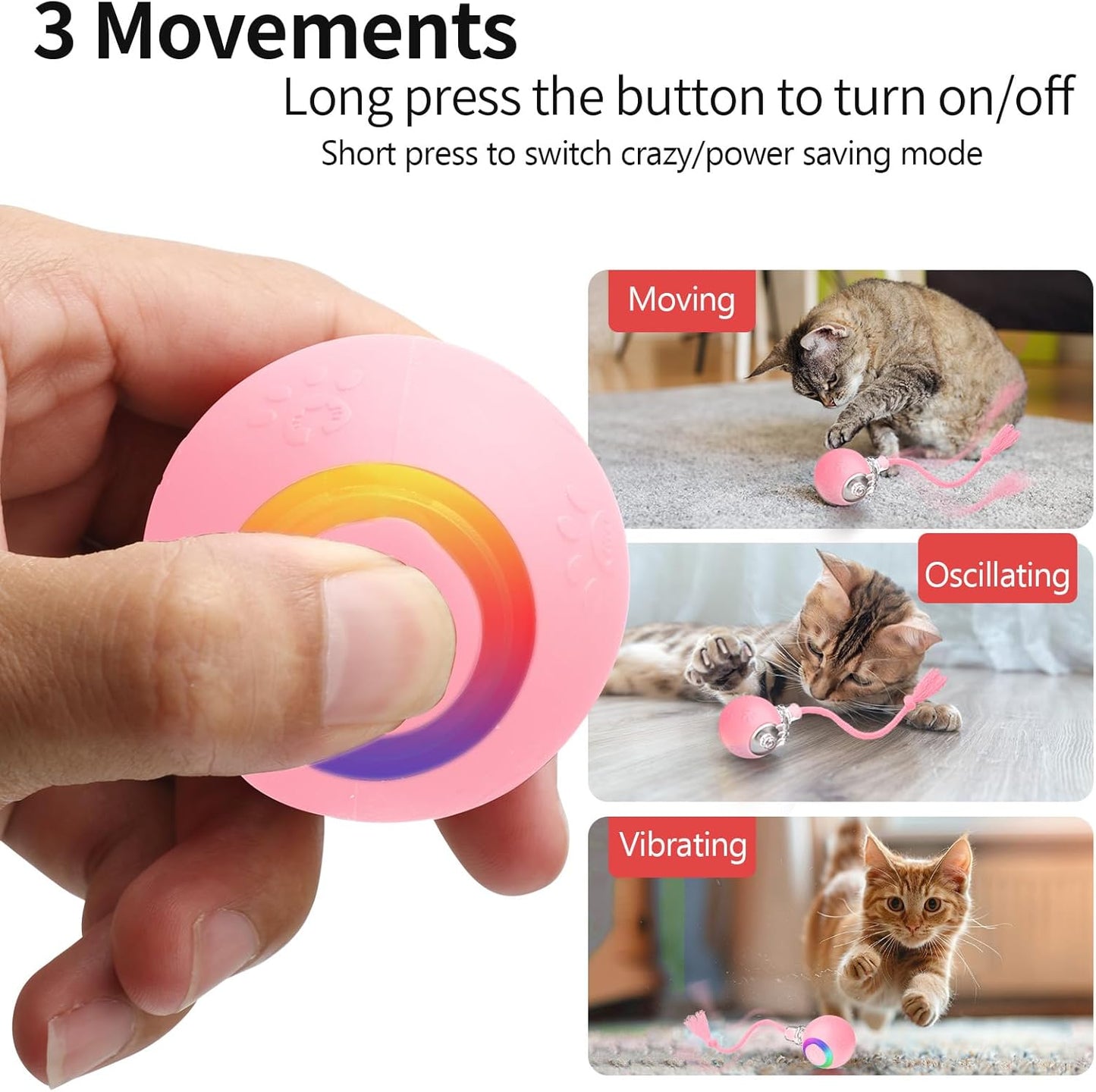 Interactive Cat Toys, Automatic Moving Cat Toys for Bored Indoor Adult Cats, Fast Rolling, Chirping & Motion-Activated Kitty Toys, Fun Gift for Cats with Speedy Tail 2.0, USB Rechargeable,Pink