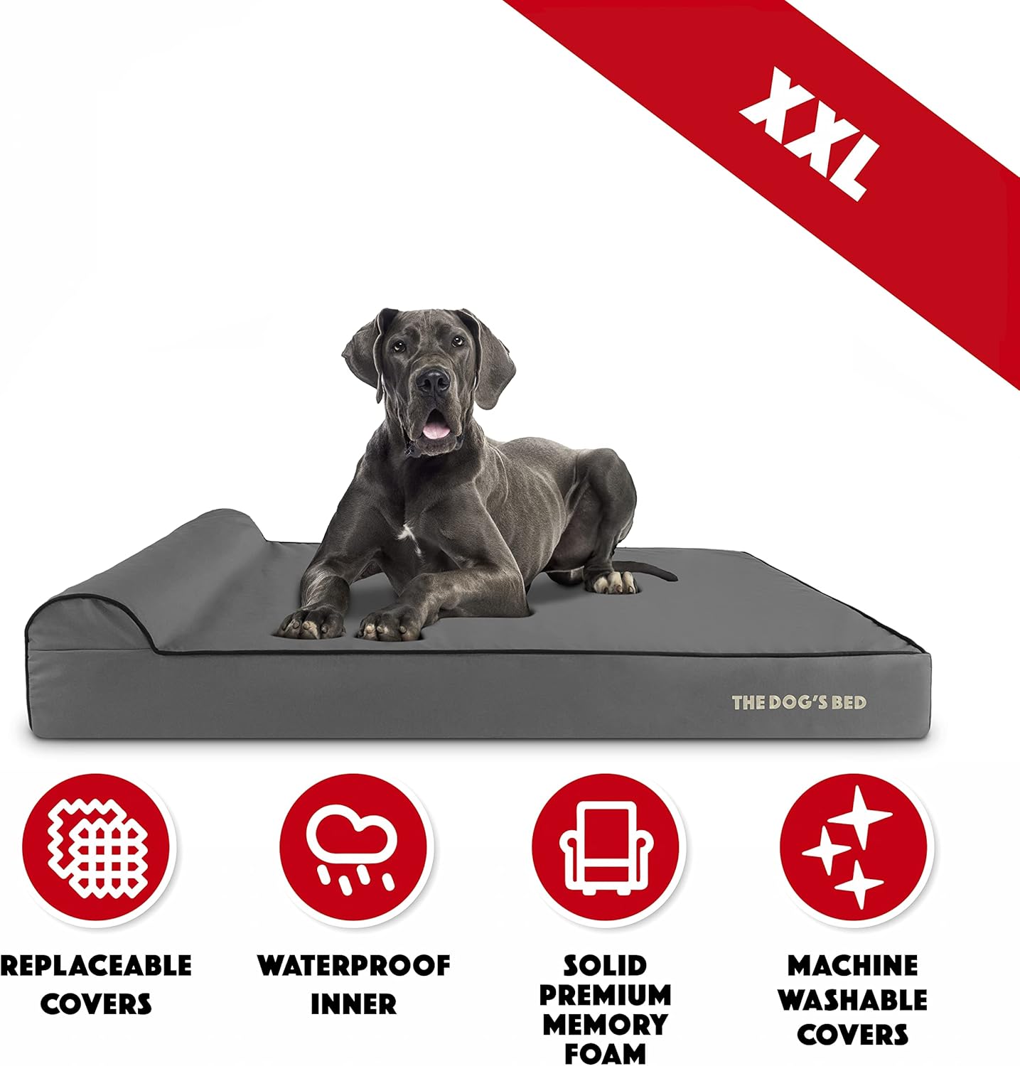 The Dog’s Bed Orthopedic Headrest Dog Bed XXL Grey/Black 54x36, Memory Foam, Pain Relief for Arthritis, Hip & Elbow Dysplasia, Post Surgery, Lameness, Veterinary Approved, Waterproof Washable Cover