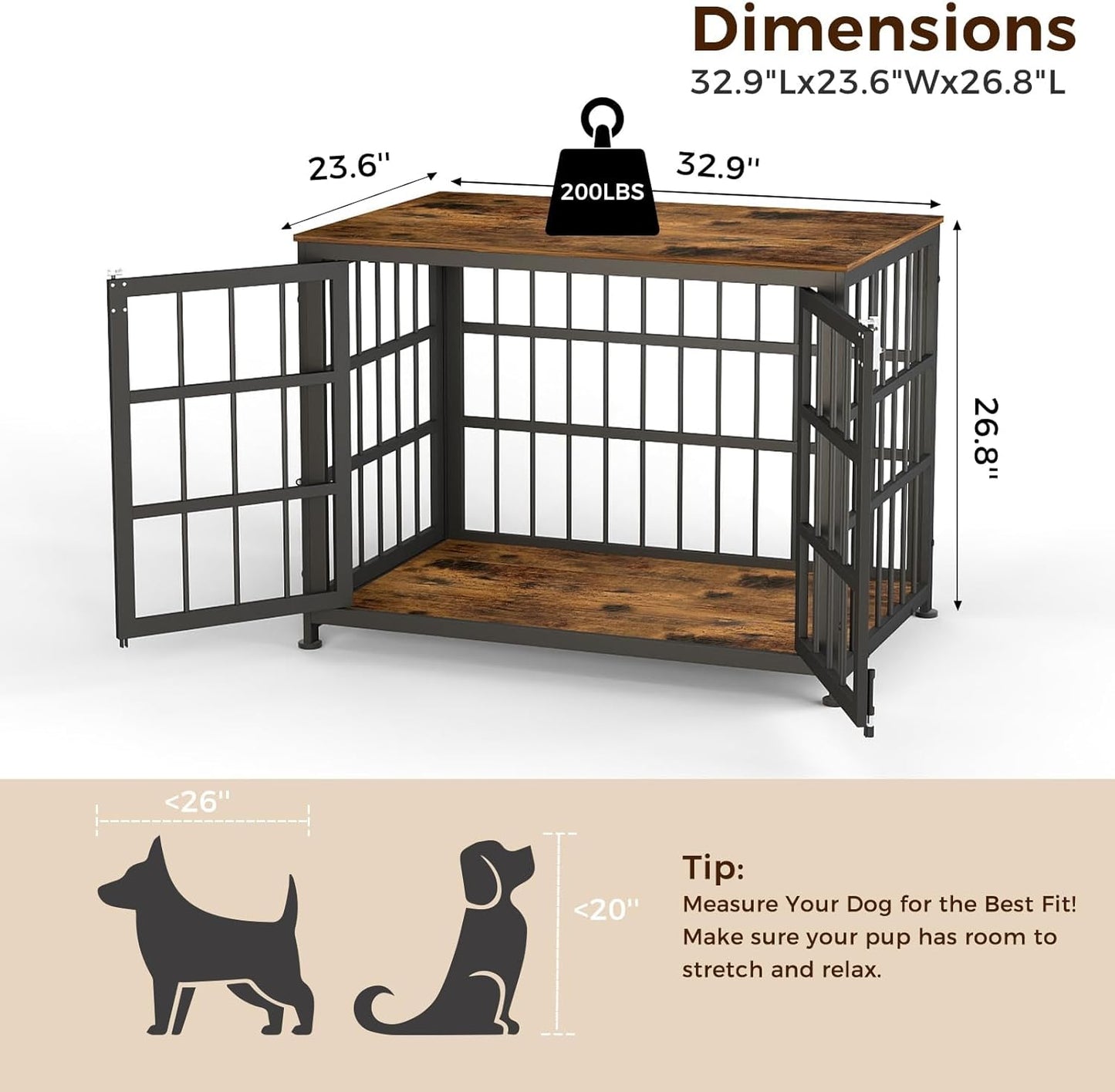 32 Inch Heavy Duty Wooden Dog Kennel End Table with Double Door Design and Secure Locks, Indoor Pet Crate Furniture for Medium Dogs, Decorative Home Cage Design,Aged Black