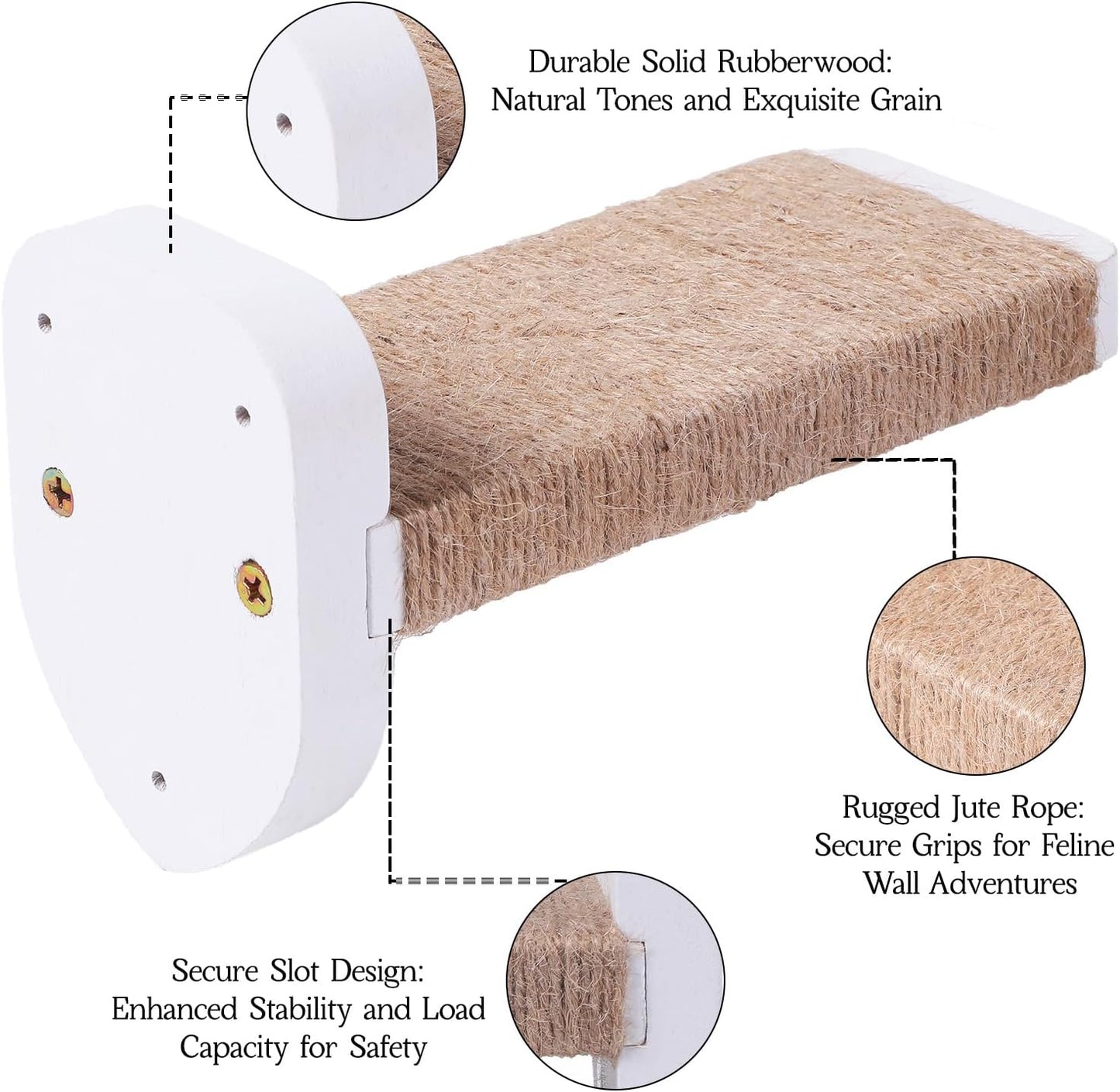 3-in-1 Cat Wall Steps with Hemp Rope, Solid Wood Cat Ladder for Climbing and Playing (Large-White)