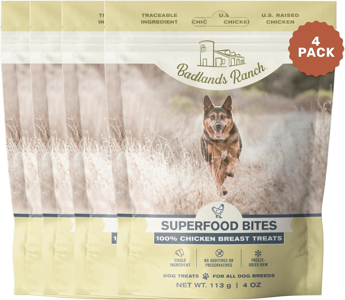 BADLANDS RANCH - Superfood Bite, Freeze-Dried Raw Dog Treats - Protein Rich, Train & Reward, Traceable Single Ingredient by Katherine Heigl (4 Ounce (Pack of 4) Chicken Breast)