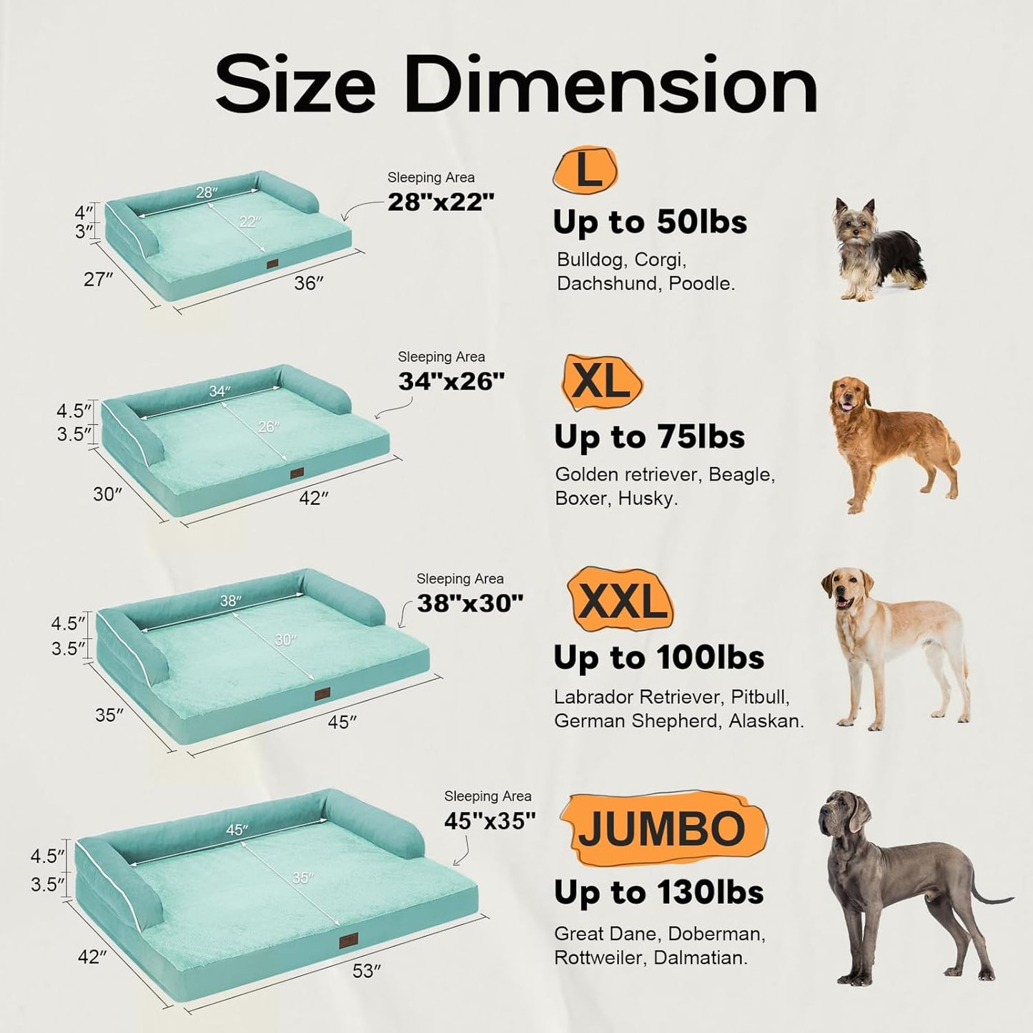 Orthopedic Large Dog Bed Washable, Orthopedic Dogs Bed with Removable Cover, XLarge XL Pet with Bolster, Washable Aqua Blue Large Dog Beds with Egg Foam for Medium Gaint Dogs