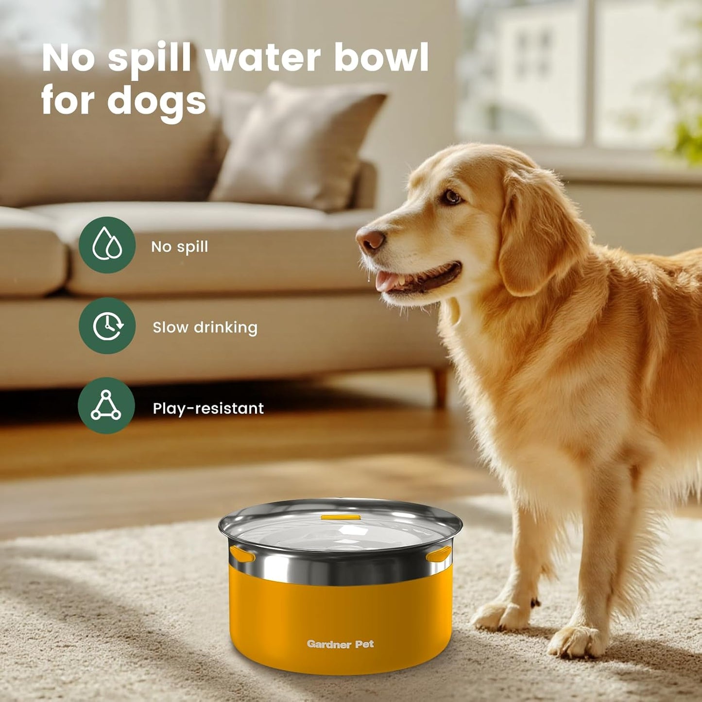 Gardner Pet Dog Bowls 1 Gallon (3.85L) Stainless Steel No Spill Dog Water Bowl, Slow Water Feeder Metal Bowls, Spill Proof Water Dispenser for Large Dogs, Promotes Healthy Hydration