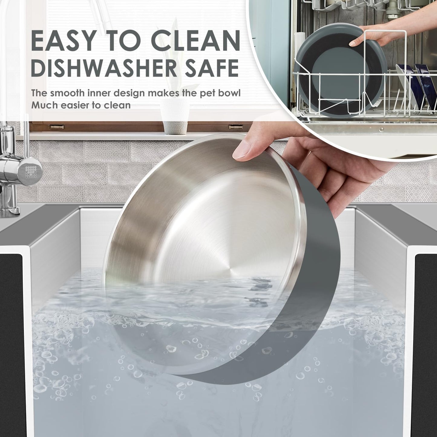 IKITCHEN Dog Bowl for Food and Water, 64 Oz Stainless Steel Pet Feeding Bowl, Durable Non-Skid Insulated Heavy Duty with Rubber Bottom for Medium Large Sized Dogs (64 Ounces/8 Cup, Grey)