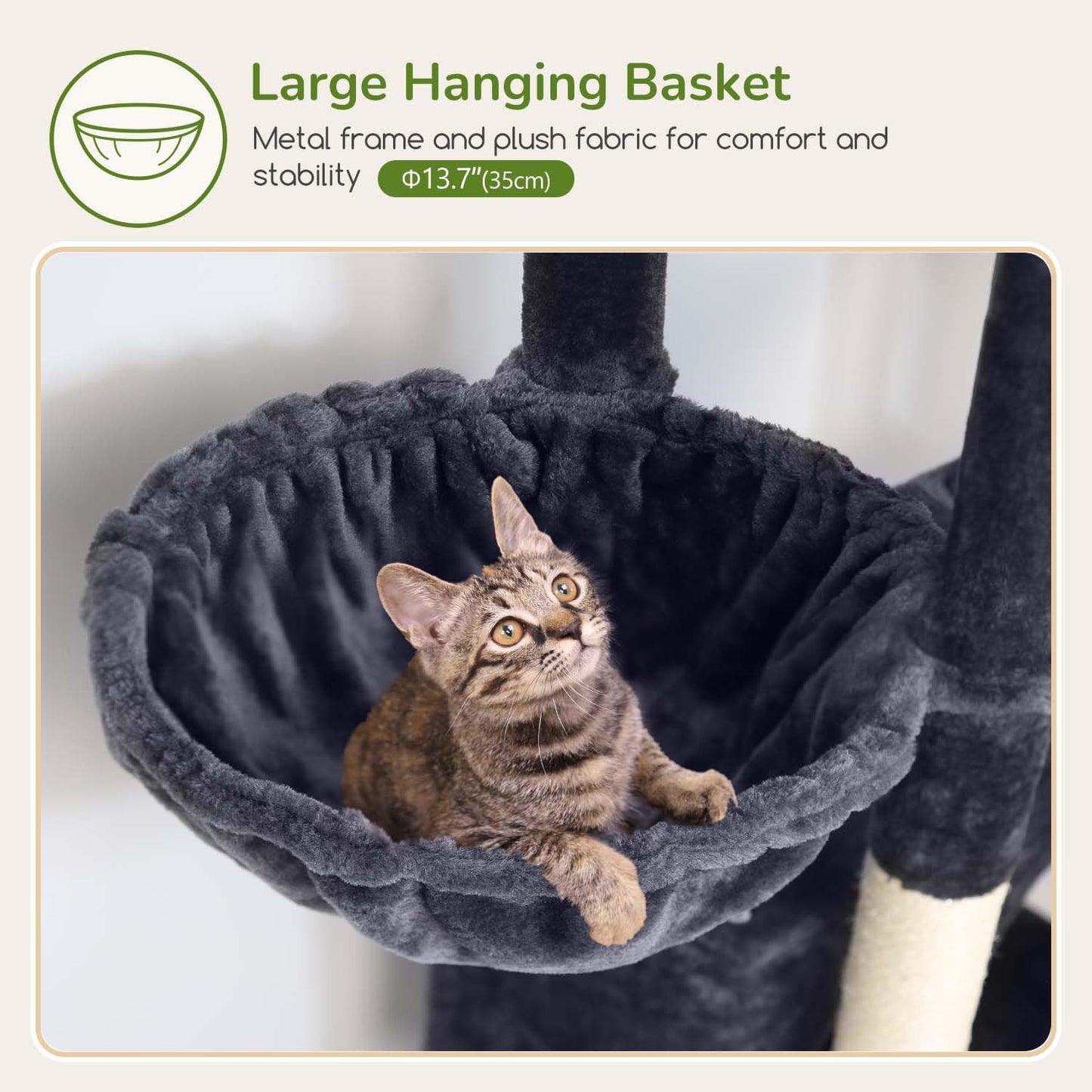 Globlazer Large Cat Tree Tower, Tall Cat Tree Condos for Indoor Cats Large Adult Cat Climbing Tower with 2 Spacious Caves, Oversized Top Perch, Big Hanging Basket, Cat Teaser Wand, F74B, Dark Grey