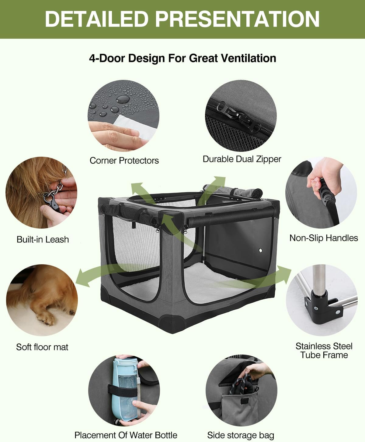 30-Inch Collapsible Travel Dog Crate, Portable 4-Door Soft Kennel for Medium to Large Dogs, Durable Mesh Windows, Indoor/Outdoor Use, Foldable, with Storage Bag (Grey)