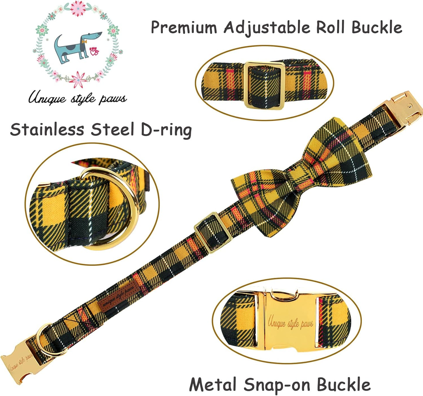Unique style paws Bowtie Dog Collar Cotton Plaid Collar Adjustable Puppy Collar for Small Medium Large Dogs-L