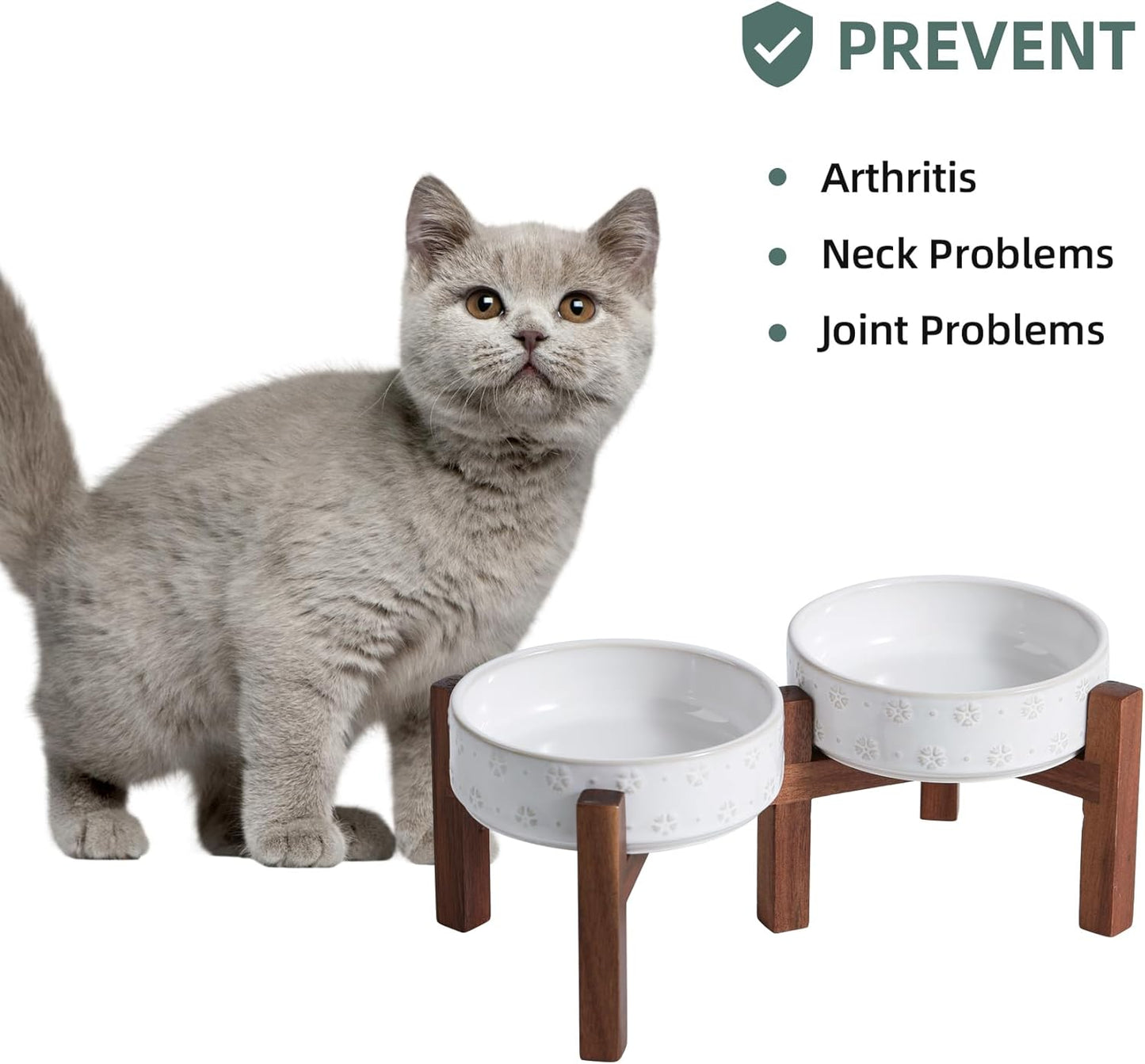 6.1inch Ceramic Raised Double Bowls Set with Acacia Wood Stand, 2 Heights Elevated, Food & Water Bowls for Toy Breed Dogs, Kitty, Cats, Pet Bowl(13.5OZ, Arctic White)