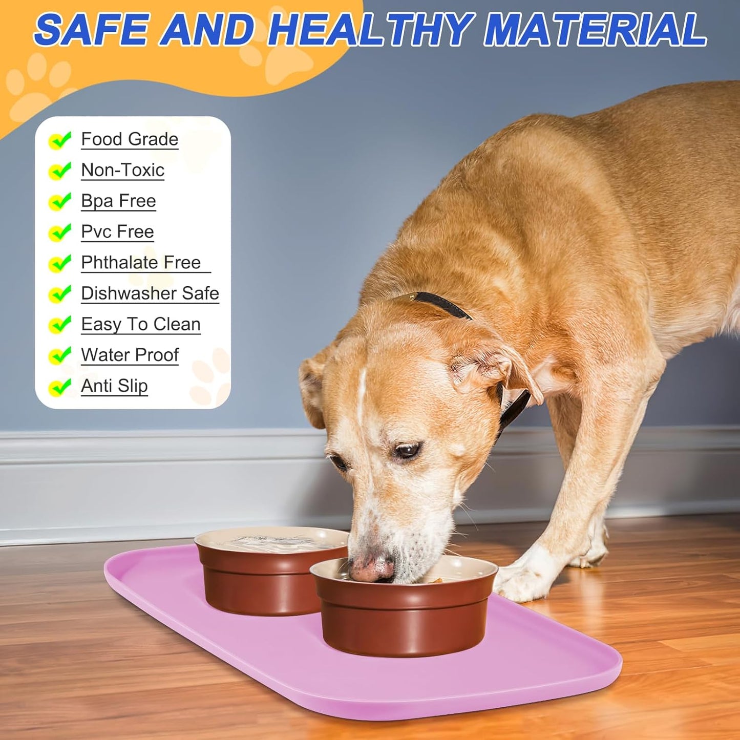 Silicone Pet Feeding Mat with Raised Edge for Food and Water, Dog Bowl Mats, Cat Bowls Placemat with High Lip for Floor Waterproof, Rubber Tray for Cats and Dogs 19 x 12 x0.7 Pink