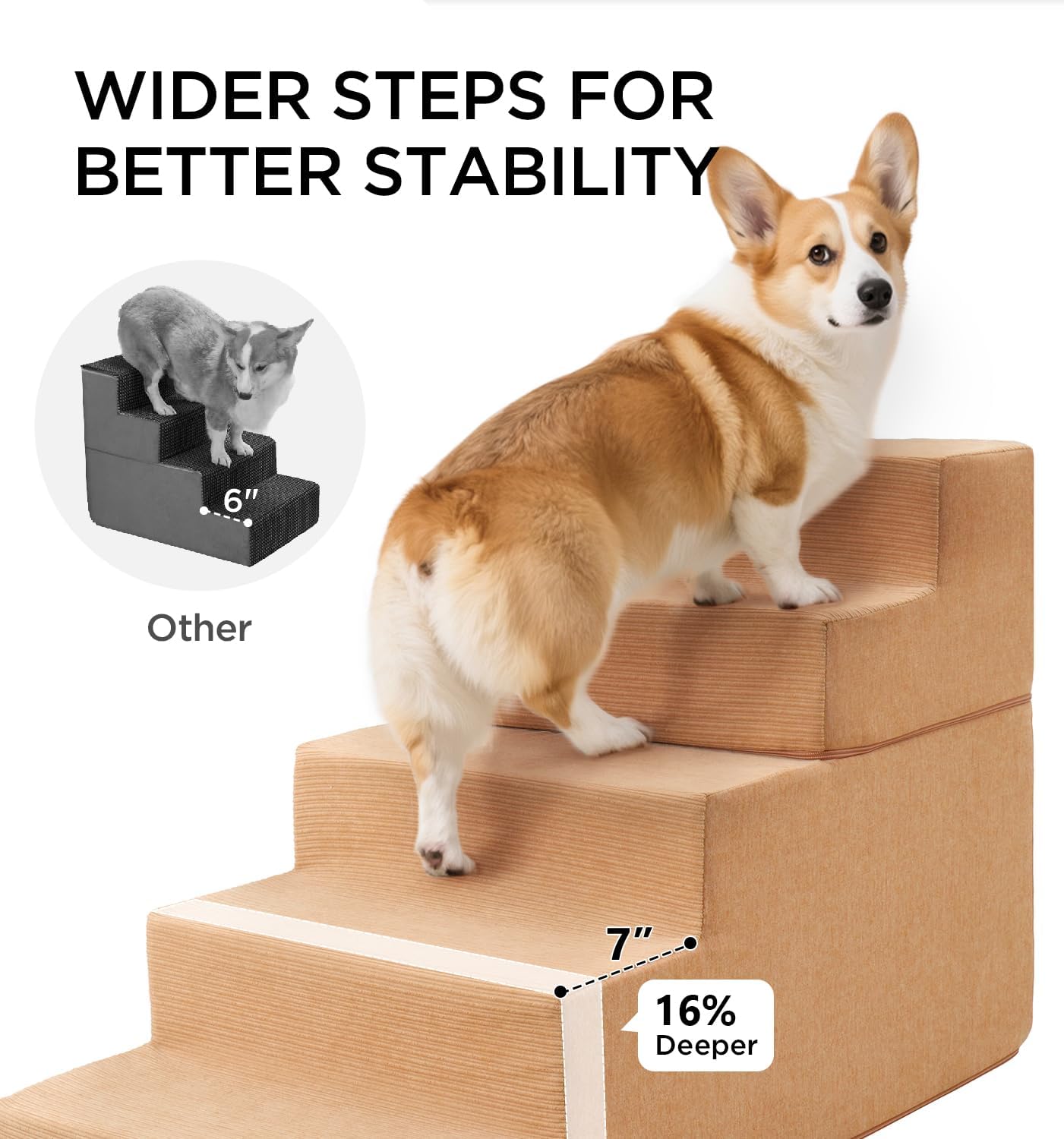 Made4Pets Dog Stairs for Small Dogs, Extra Wide Dog Steps for Bed Couch Sofa and Chair, 35D Foam Pet Steps for Small Dogs and Cats, Non-Slip Bottom Pet Stairs, Tan, 3 Steps