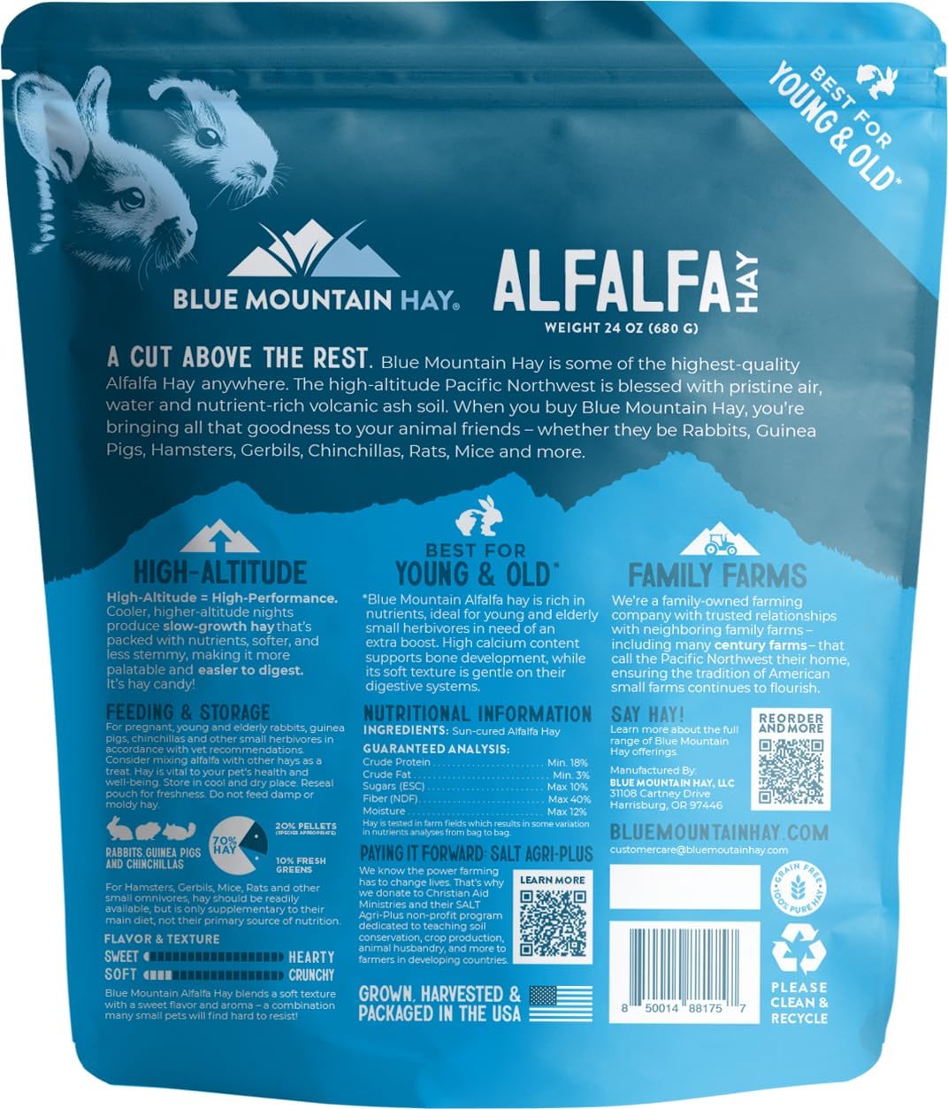 Blue Mountain Hay | Fresh Alfalfa Hay (24 Ounce) | High Leaf Retention | Nutritious High-Altitude Hay Pet Food for Rabbits, Guinea Pigs, Chinchillas, Hamsters, and Other Small Pets